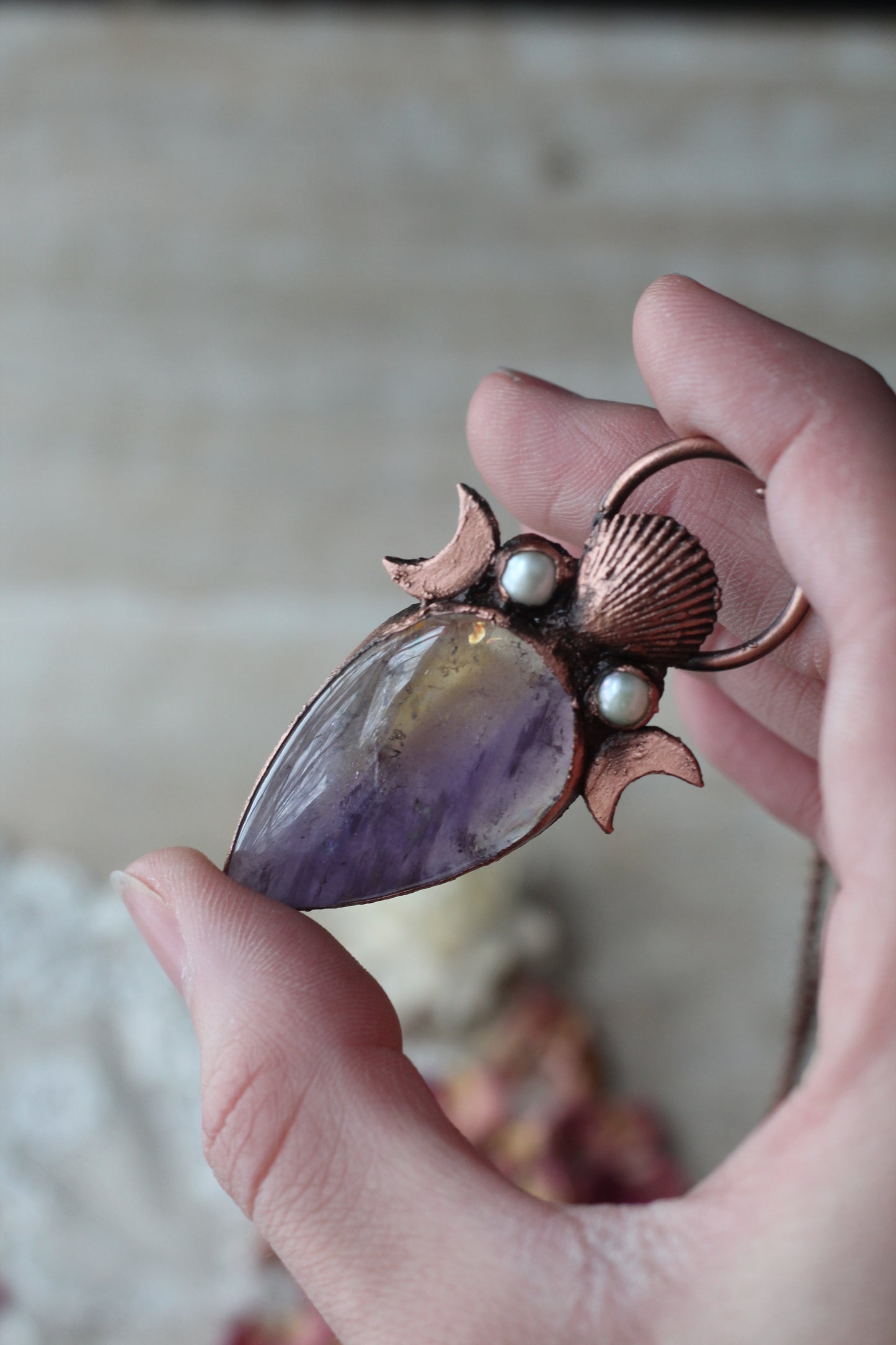 Aphrodite: Ametrine with Pearl and Real Shell Copper Pendant