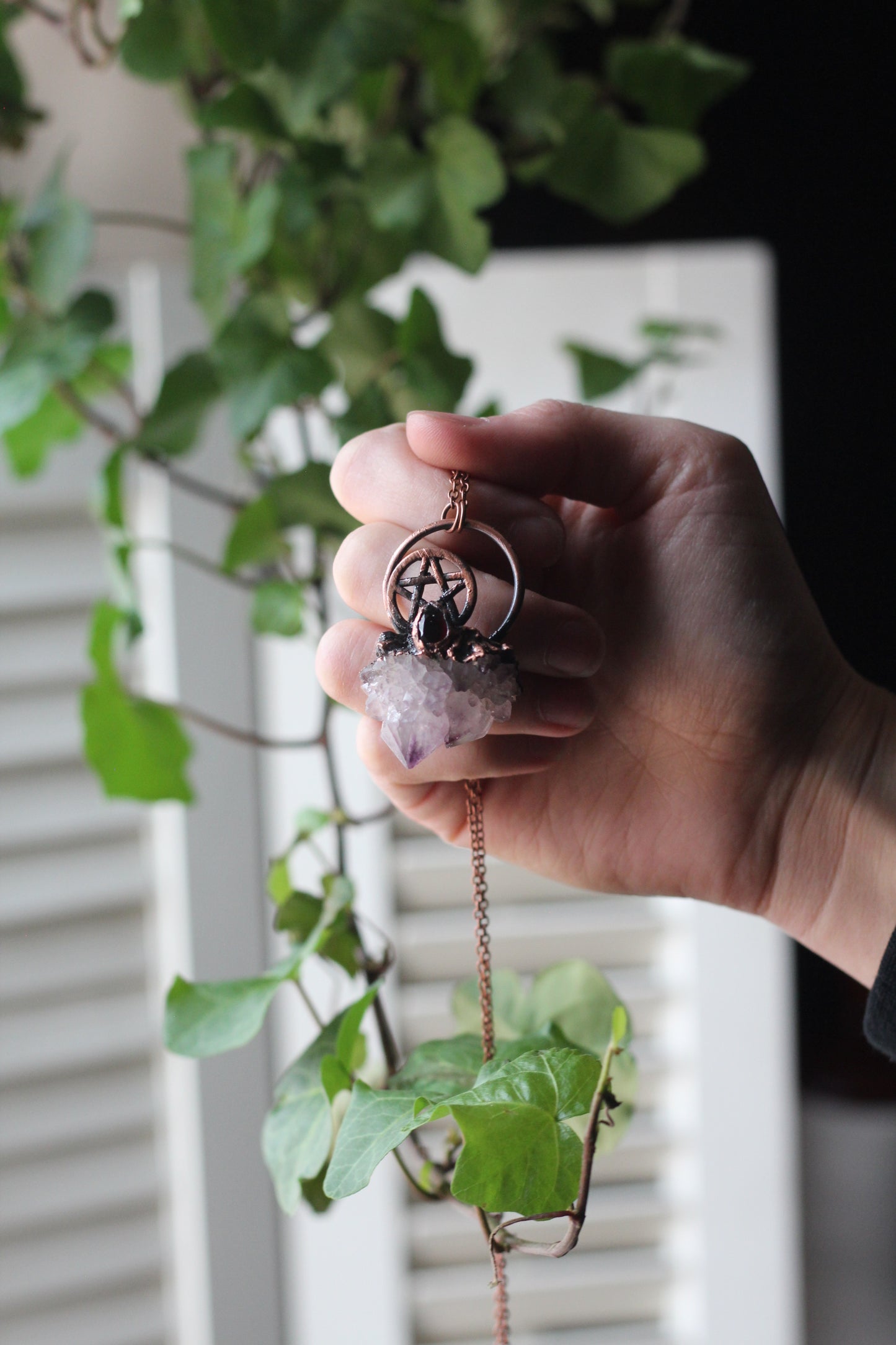 Amethyst Spirit Quartz and Garnet Pentacle Copper Necklace