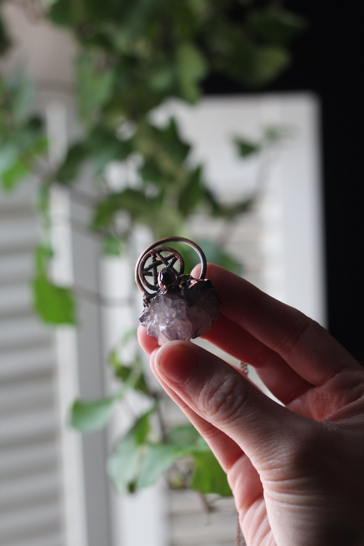 Amethyst Spirit Quartz and Garnet Pentacle Copper Necklace