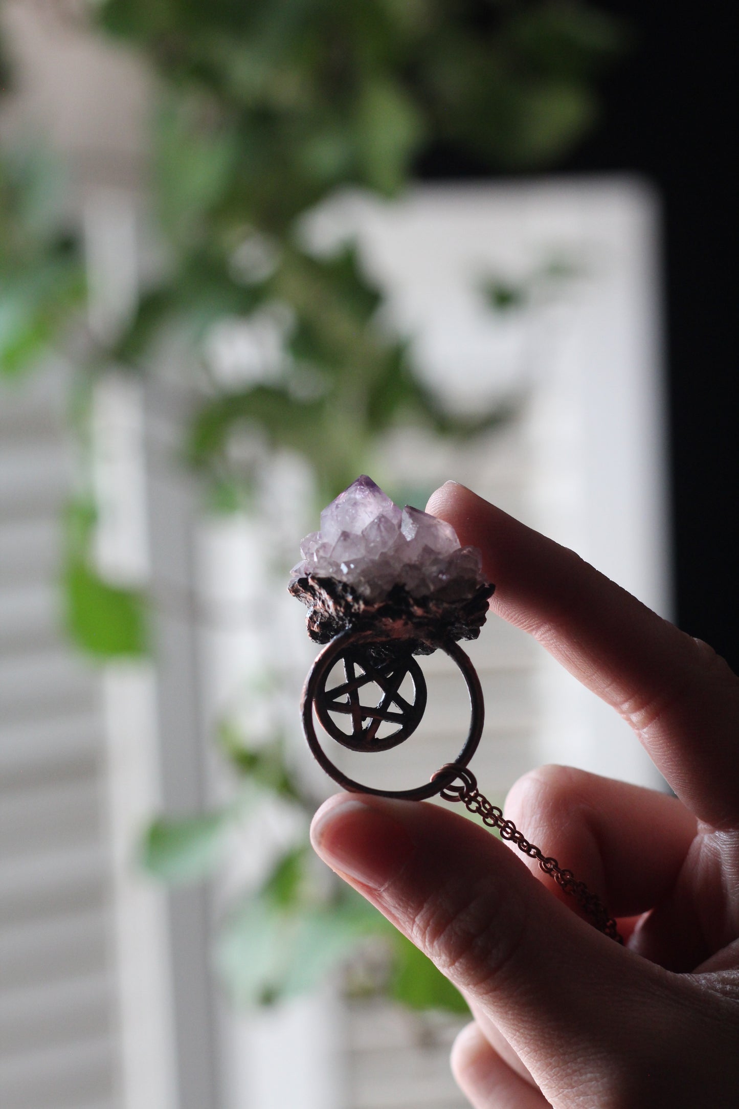 Amethyst Spirit Quartz and Garnet Pentacle Copper Necklace