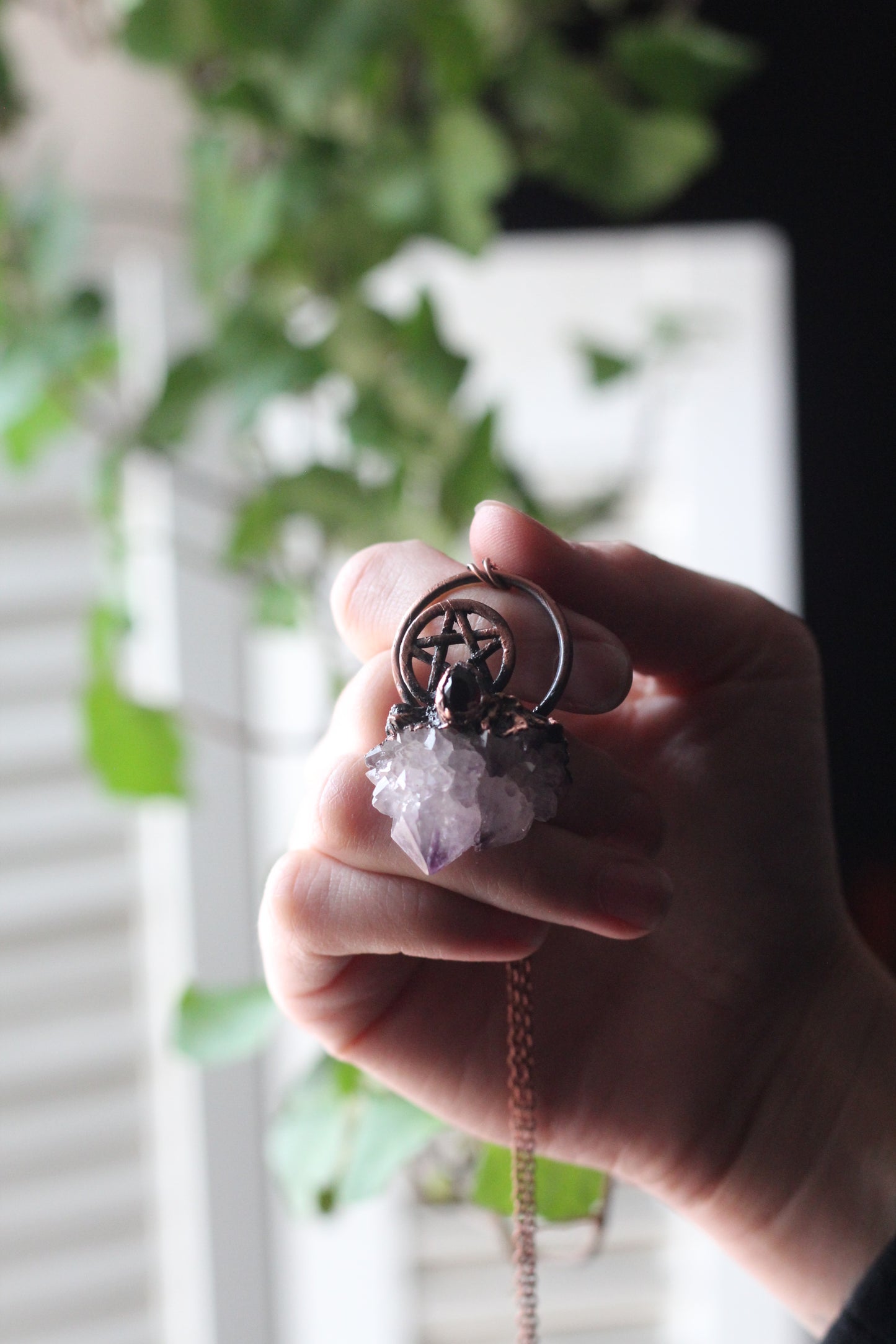 Amethyst Spirit Quartz and Garnet Pentacle Copper Necklace