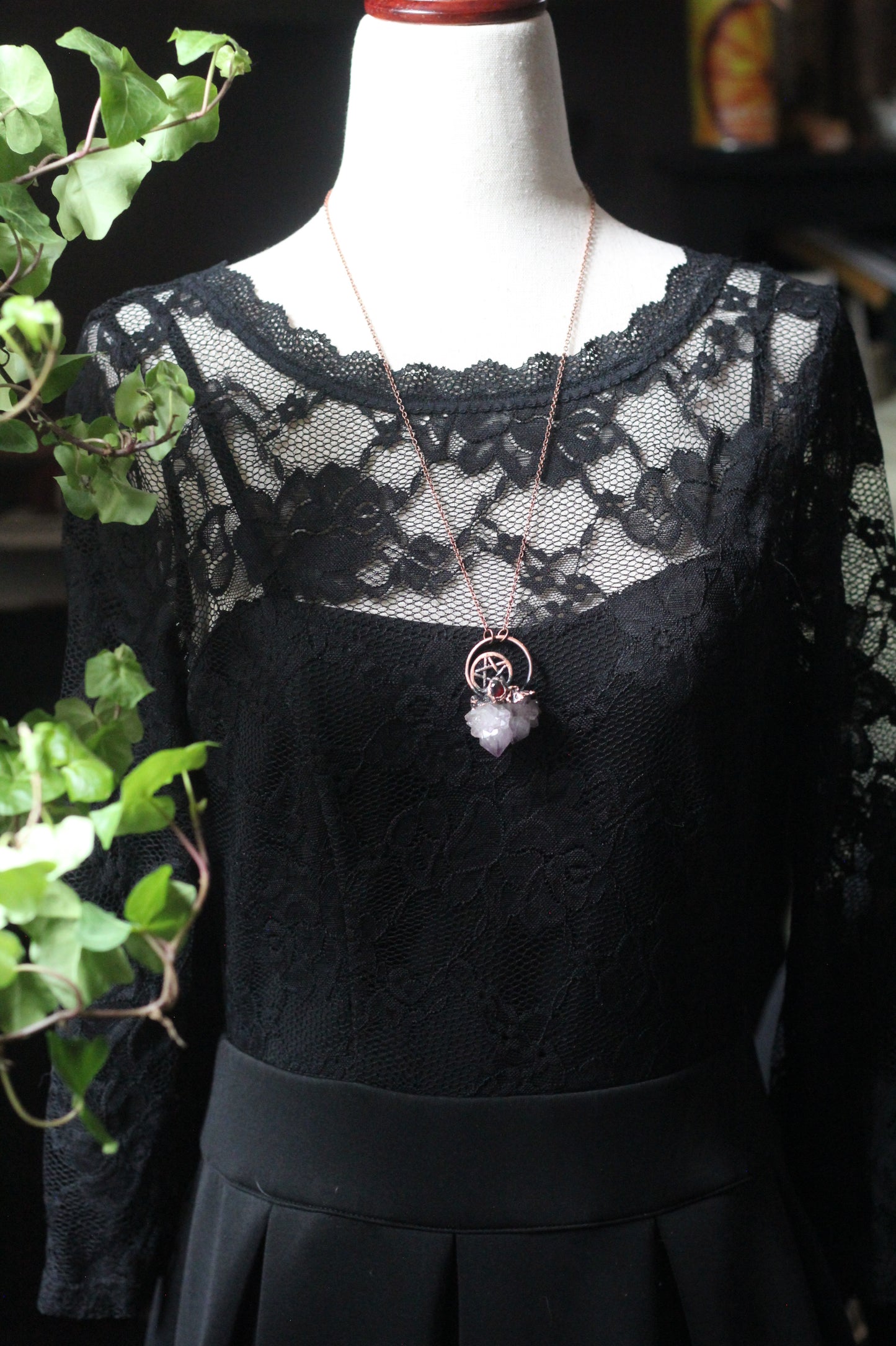 Amethyst Spirit Quartz and Garnet Pentacle Copper Necklace