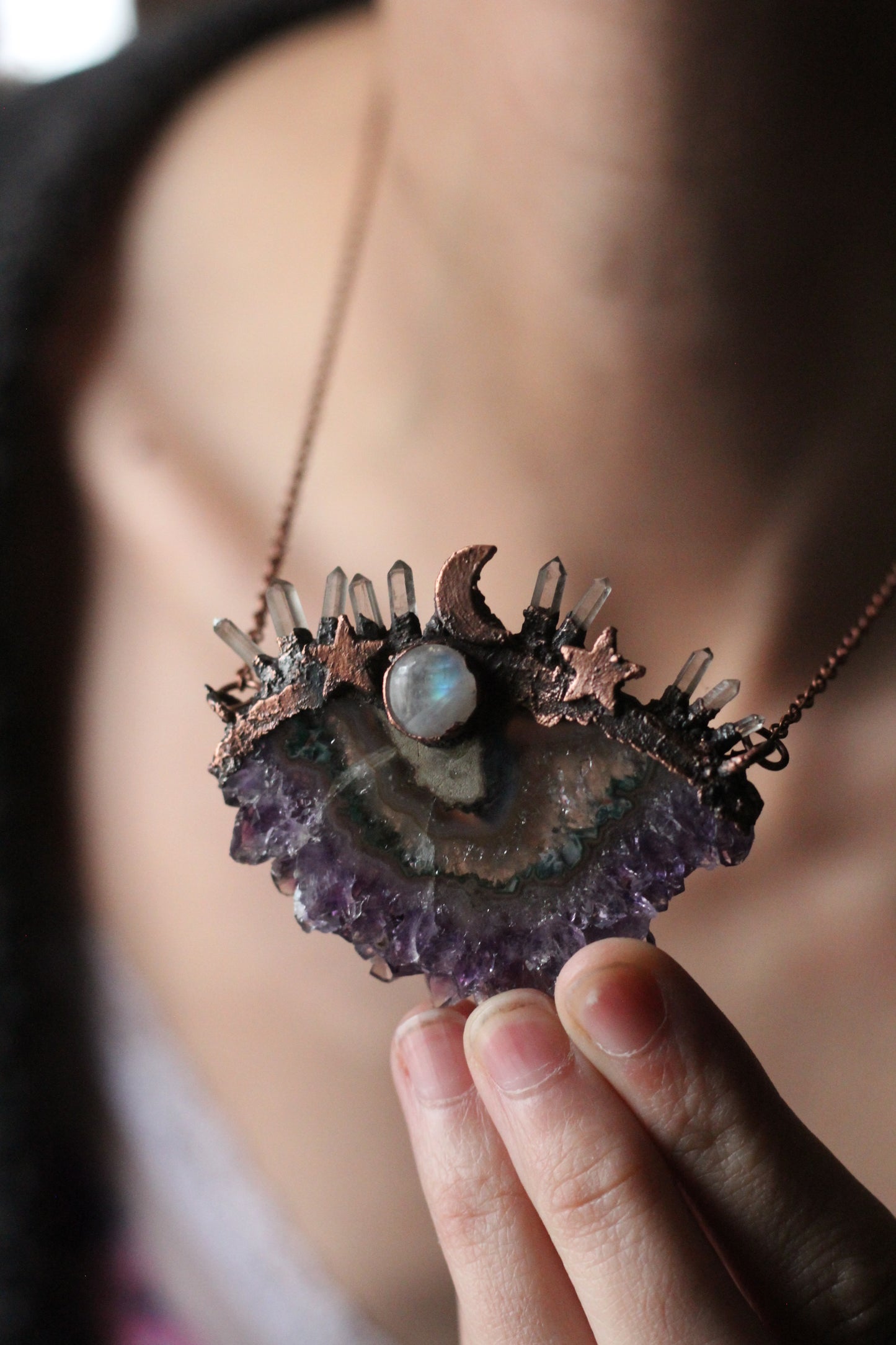 Fragments: Amethyst Slice Stardust Copper Pendant with Moonstone