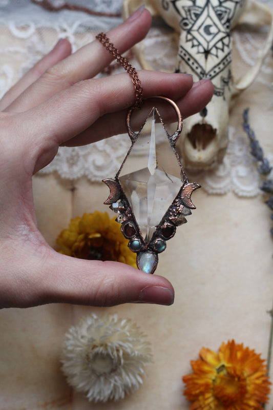 Glimmers of Hope: Geometric Citrine with Moonstone, Pakimer, Garnet, and Labradorite Copper Pendant