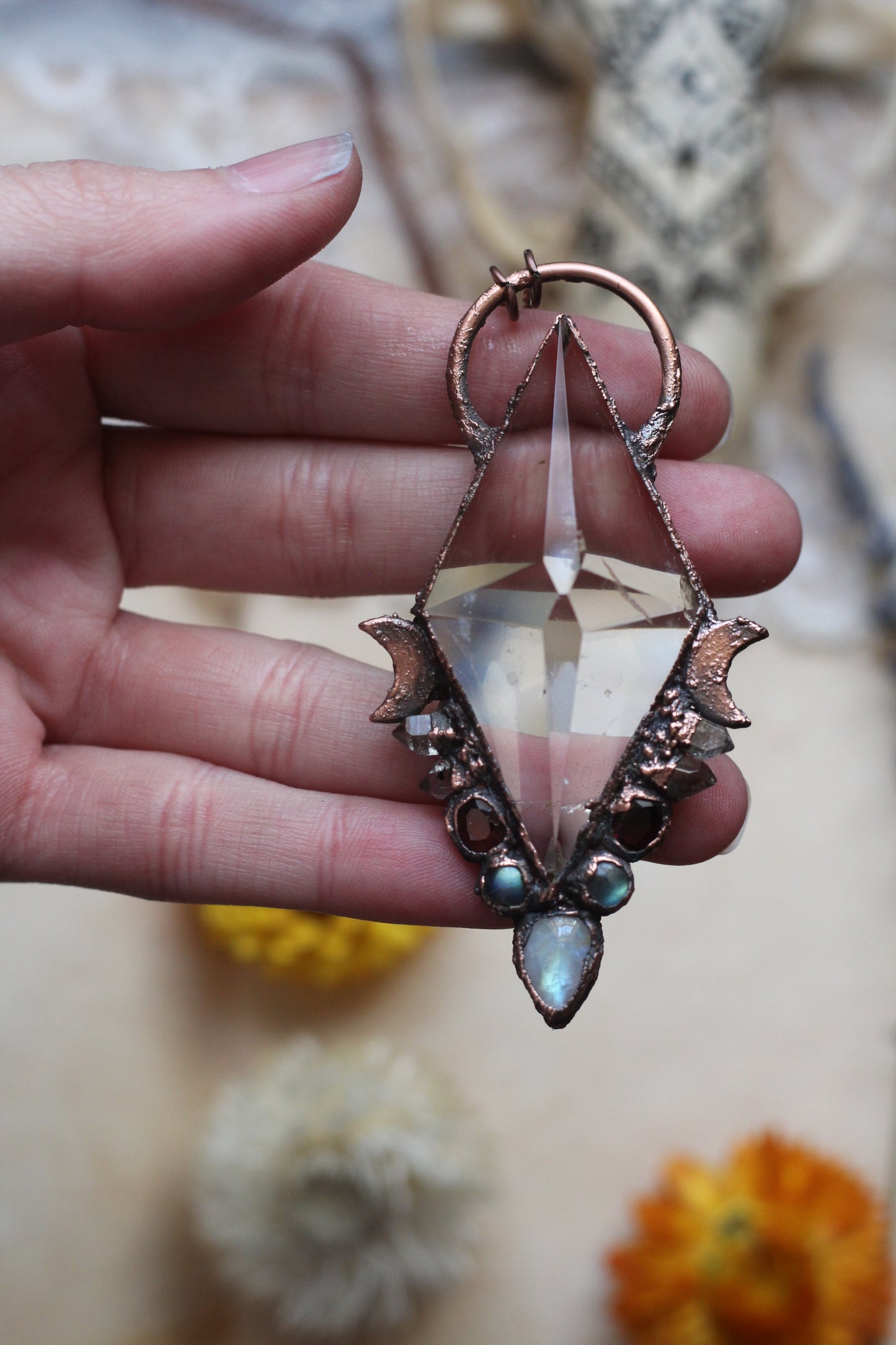 Glimmers of Hope: Geometric Citrine with Moonstone, Pakimer, Garnet, and Labradorite Copper Pendant