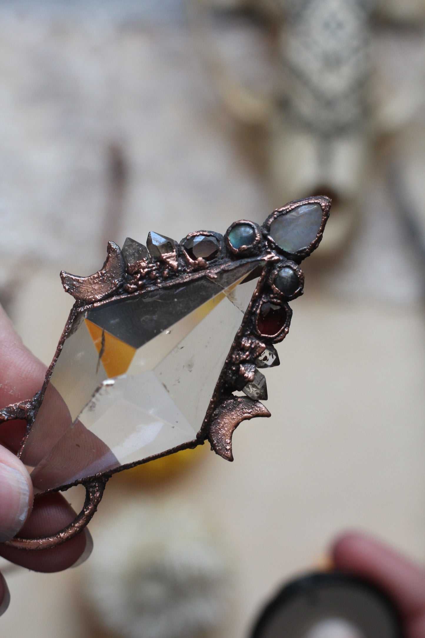 Glimmers of Hope: Geometric Citrine with Moonstone, Pakimer, Garnet, and Labradorite Copper Pendant