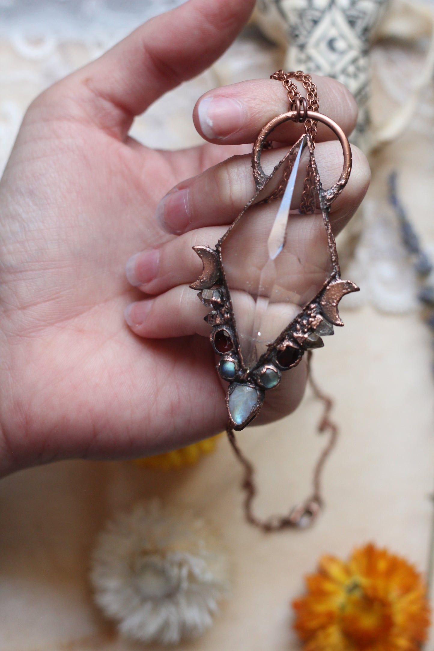 Glimmers of Hope: Geometric Citrine with Moonstone, Pakimer, Garnet, and Labradorite Copper Pendant