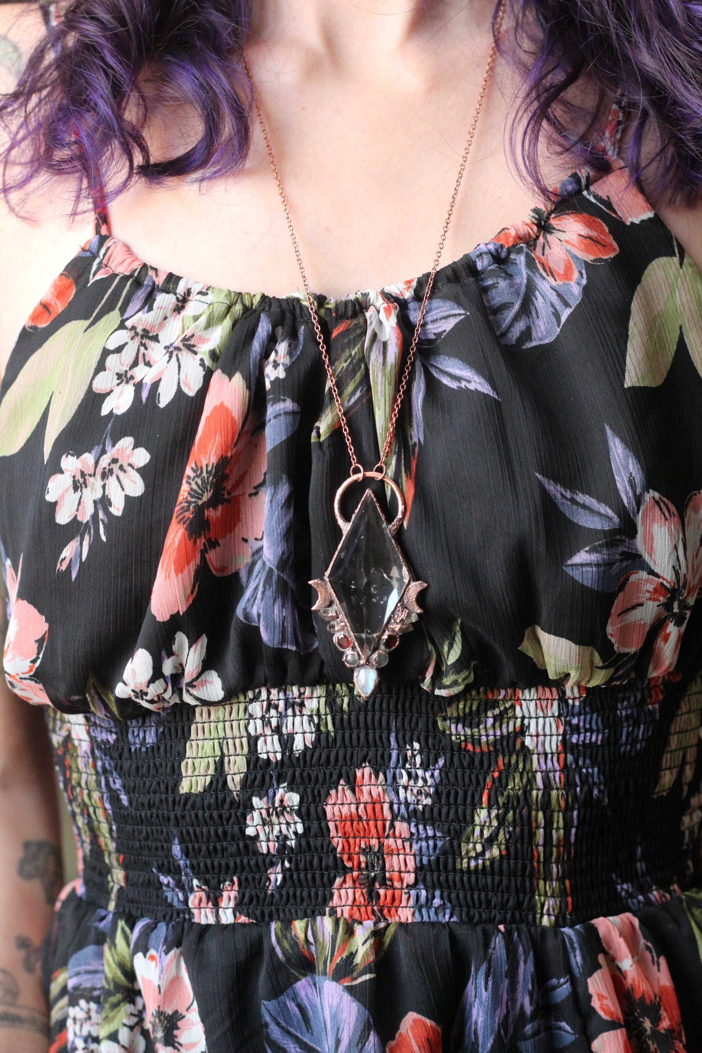 Glimmers of Hope: Geometric Citrine with Moonstone, Pakimer, Garnet, and Labradorite Copper Pendant