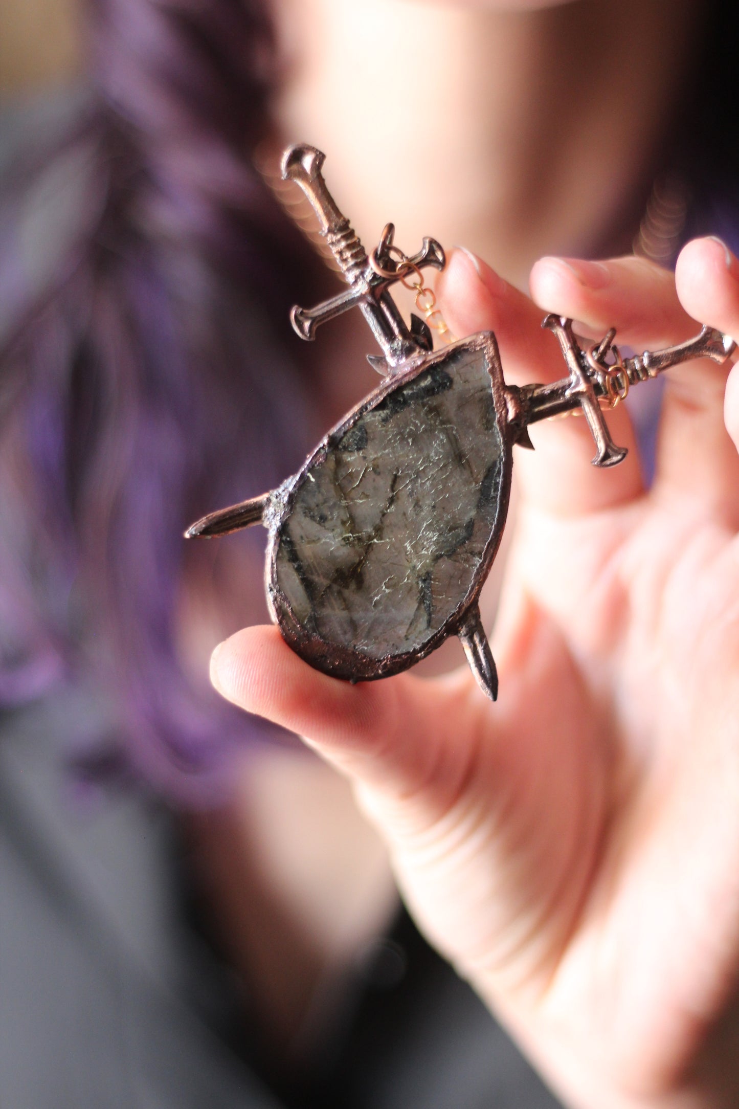 The Sword Suit: Purple Labradorite with Sword and Moon Copper Pendant