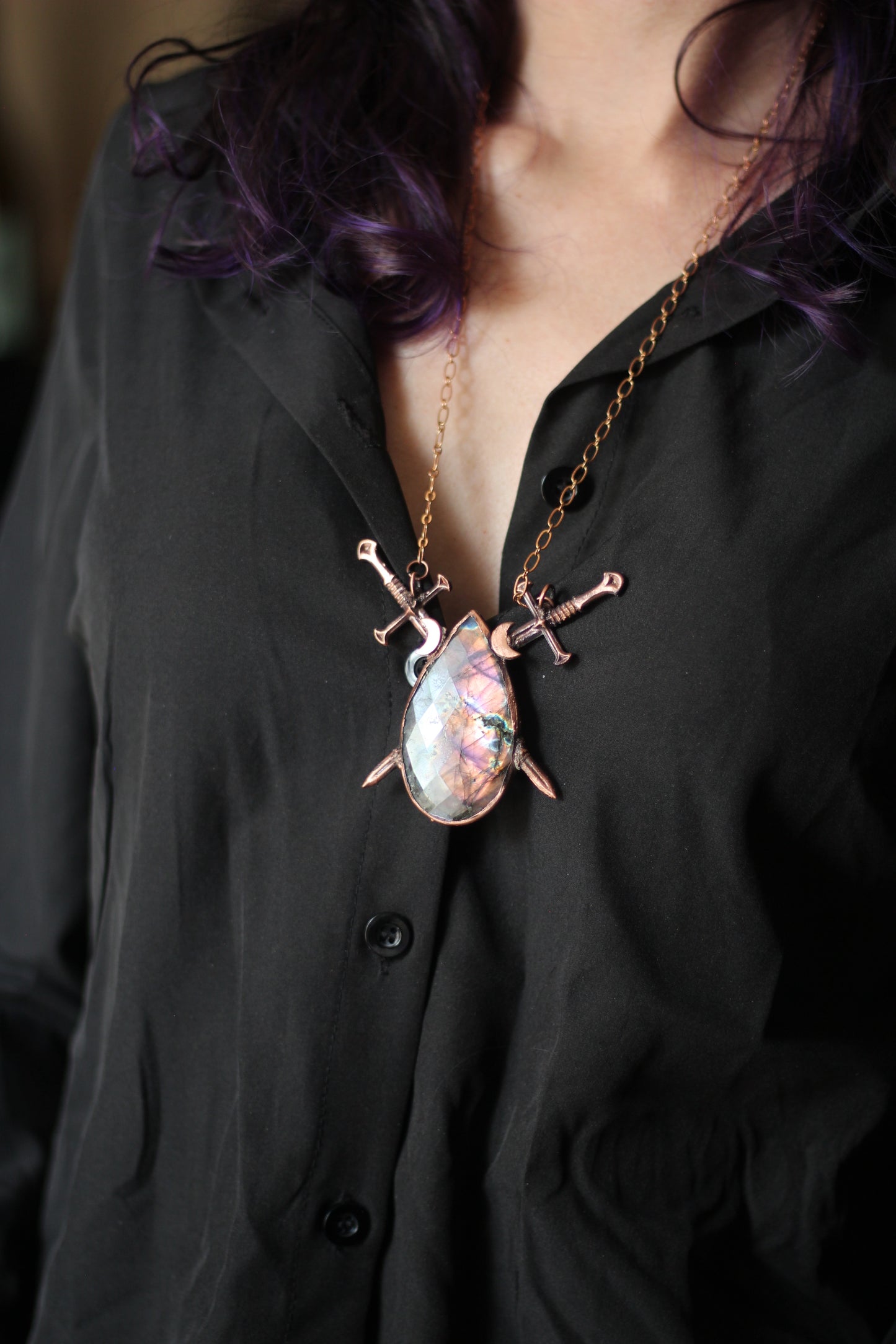 The Sword Suit: Purple Labradorite with Sword and Moon Copper Pendant