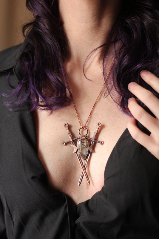 The Sword Suit: Tourmalinated Quartz with Sword Imagery and Crescent Moon Copper Pendant