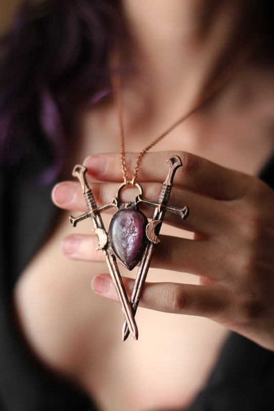 The Sword Suit: Lepidolite with Swords and Crescent Moon Copper Pendant