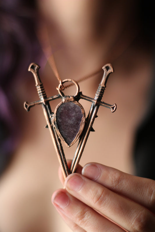 The Sword Suit: Lepidolite with Swords and Crescent Moon Copper Pendant