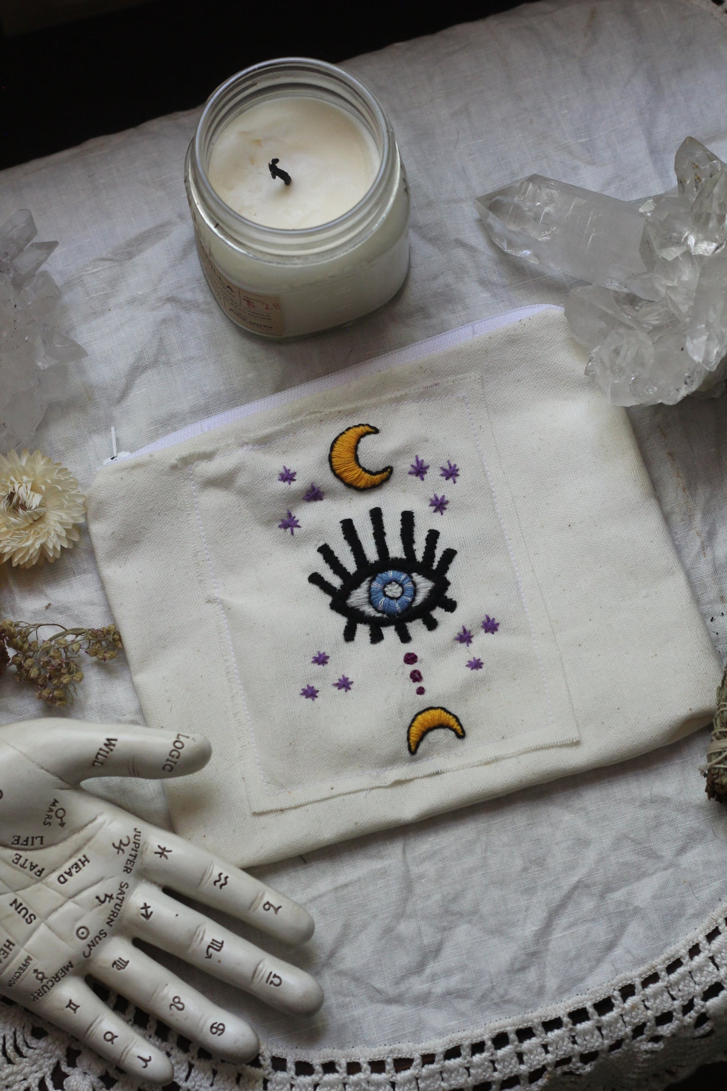Hand embroidered Tarot/Crystal Zip up Pouch
