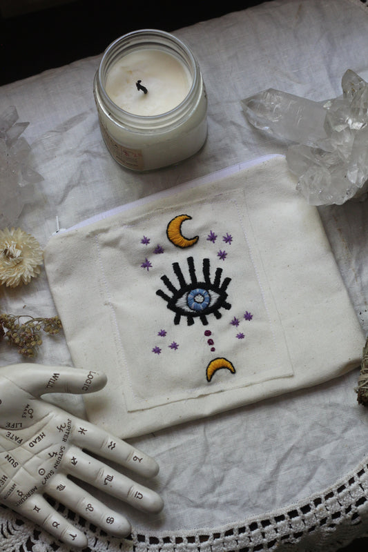 Hand embroidered Tarot/Crystal Zip up Pouch