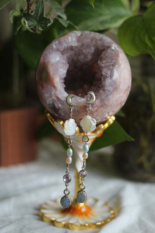 Sterling Silver Crescent Moon and Opal Earrings