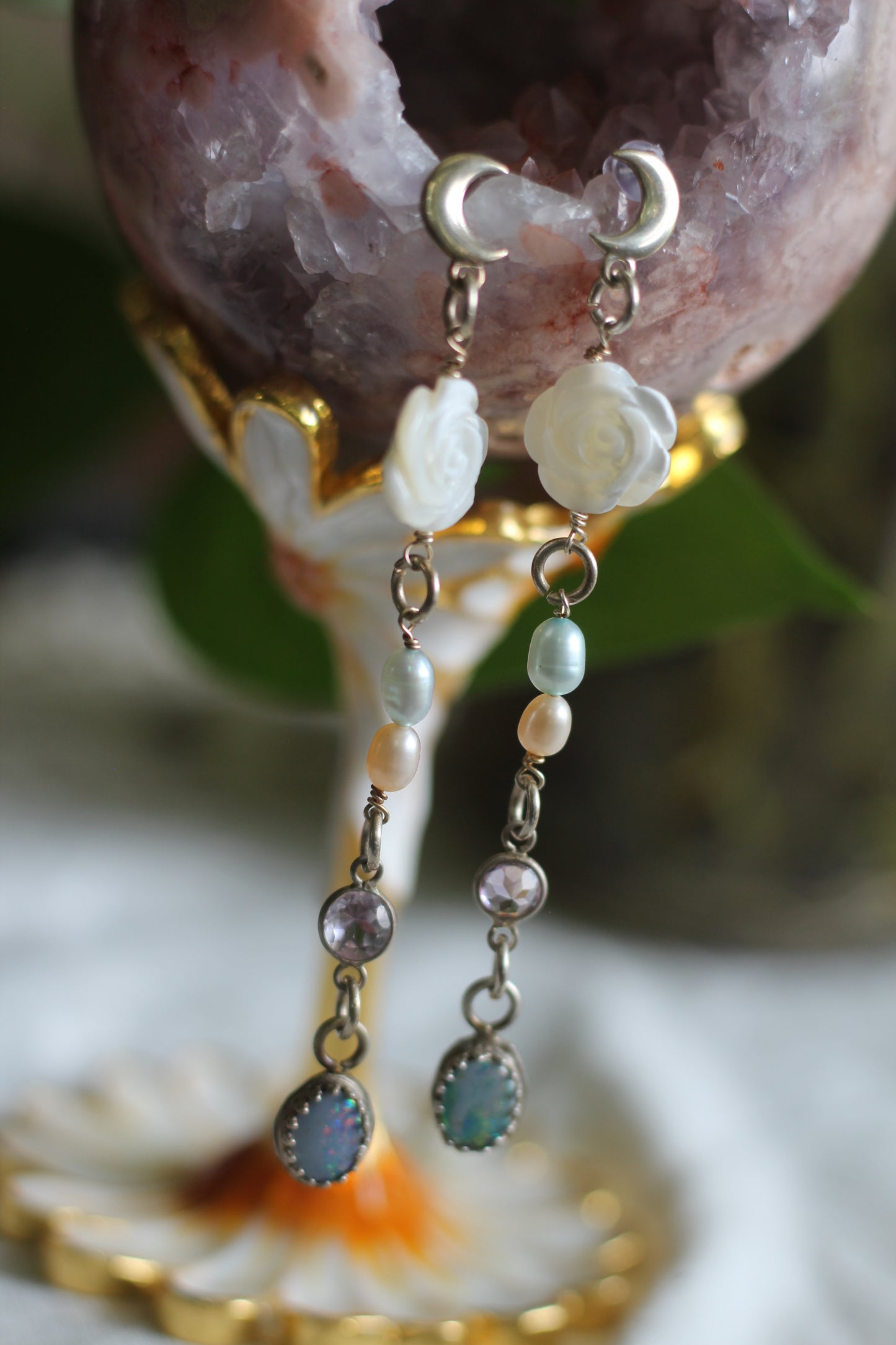 Sterling Silver Crescent Moon and Opal Earrings