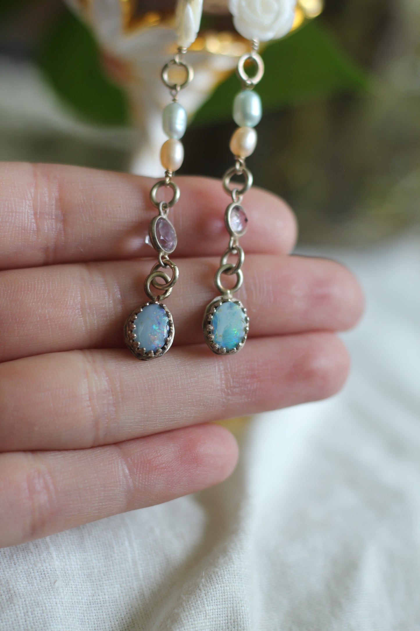 Sterling Silver Crescent Moon and Opal Earrings