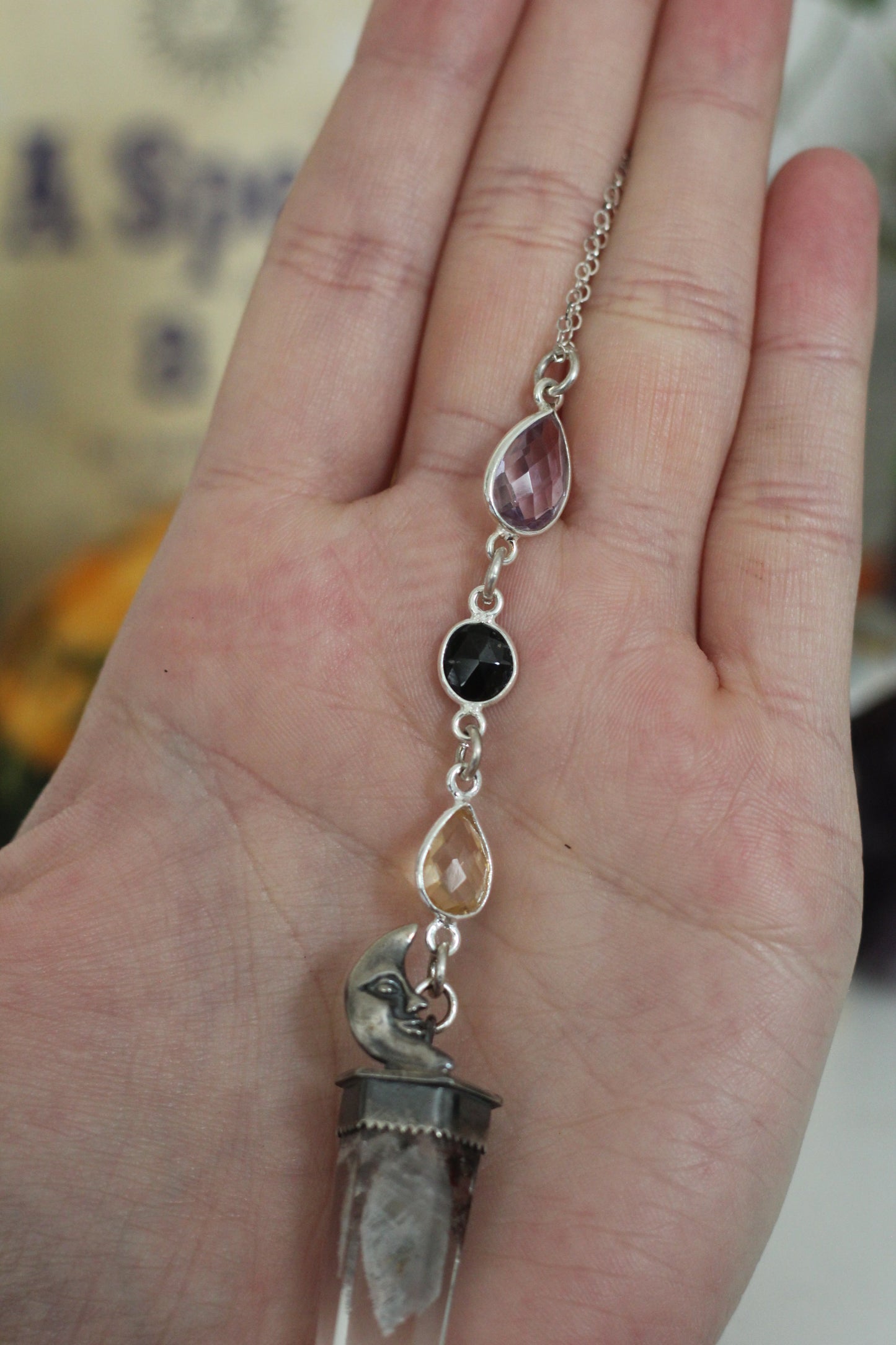 Crescent Moon Sterling Silver Phantom Quartz Necklace