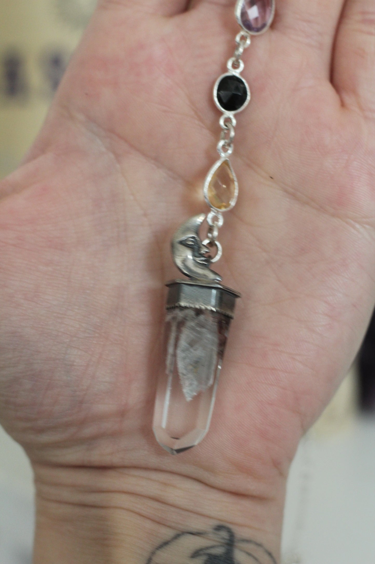 Crescent Moon Sterling Silver Phantom Quartz Necklace