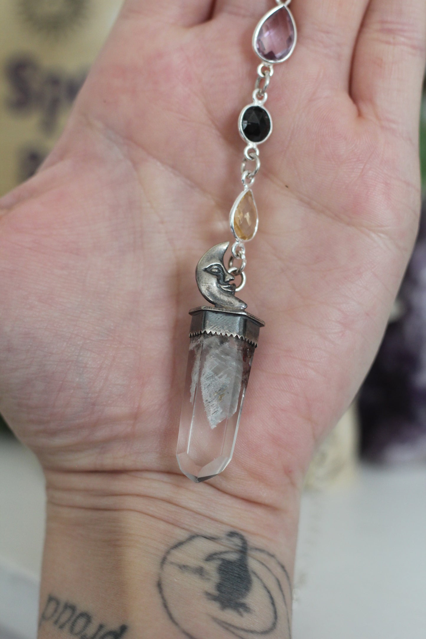 Crescent Moon Sterling Silver Phantom Quartz Necklace