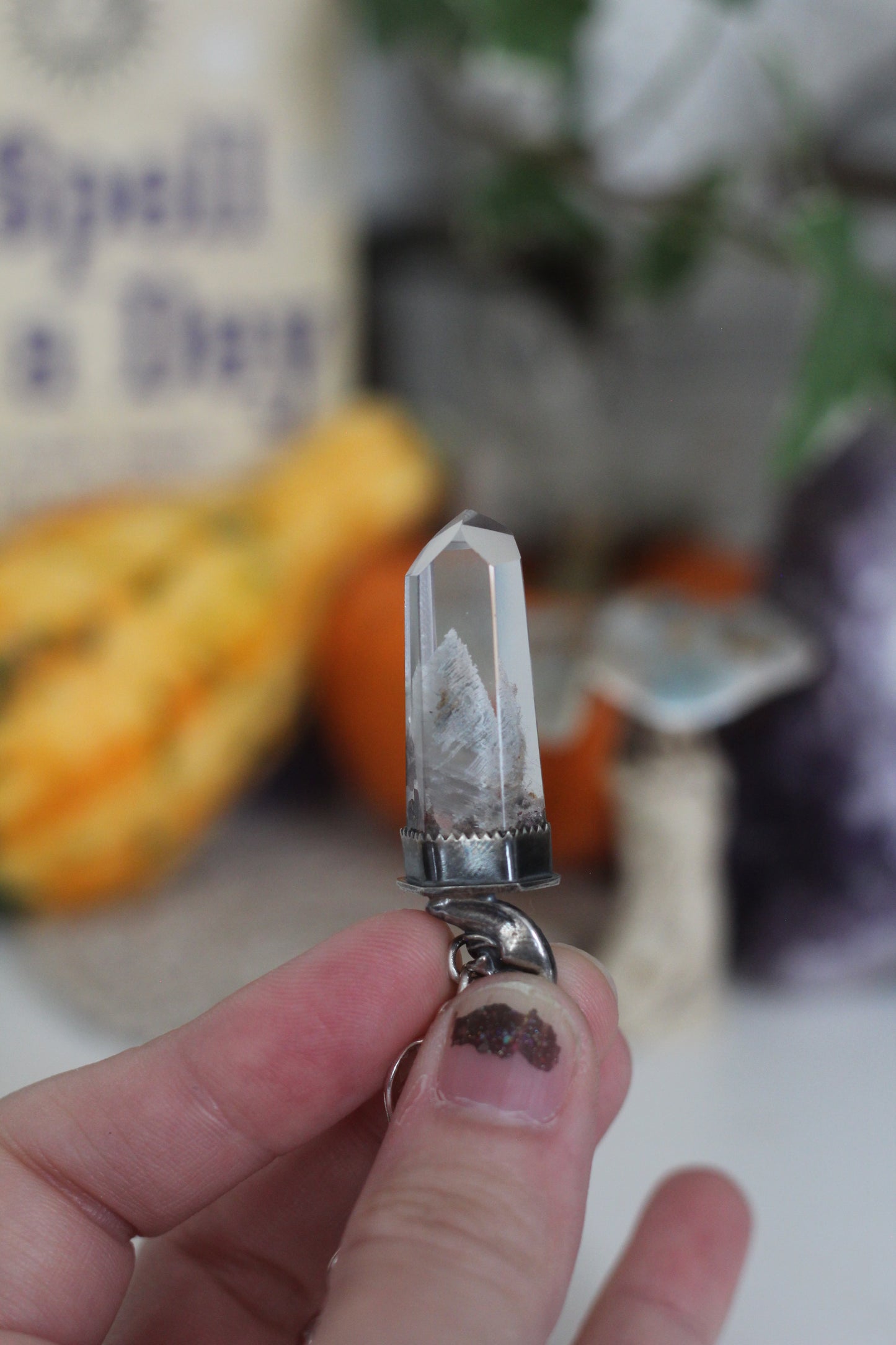 Crescent Moon Sterling Silver Phantom Quartz Necklace
