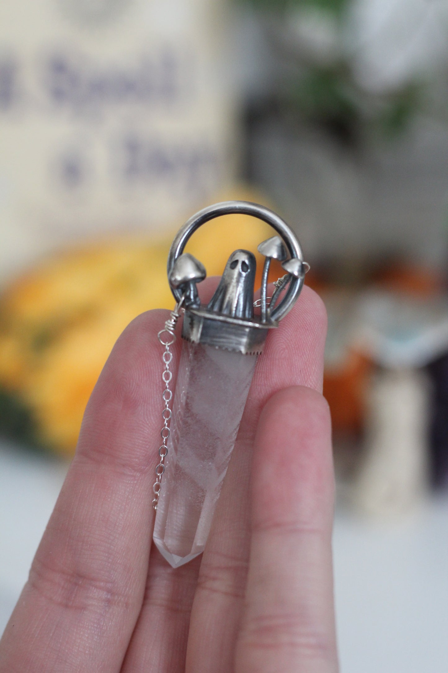 Sterling Silver Sheet Ghost and Mushroom with Phantom Quartz Pendant