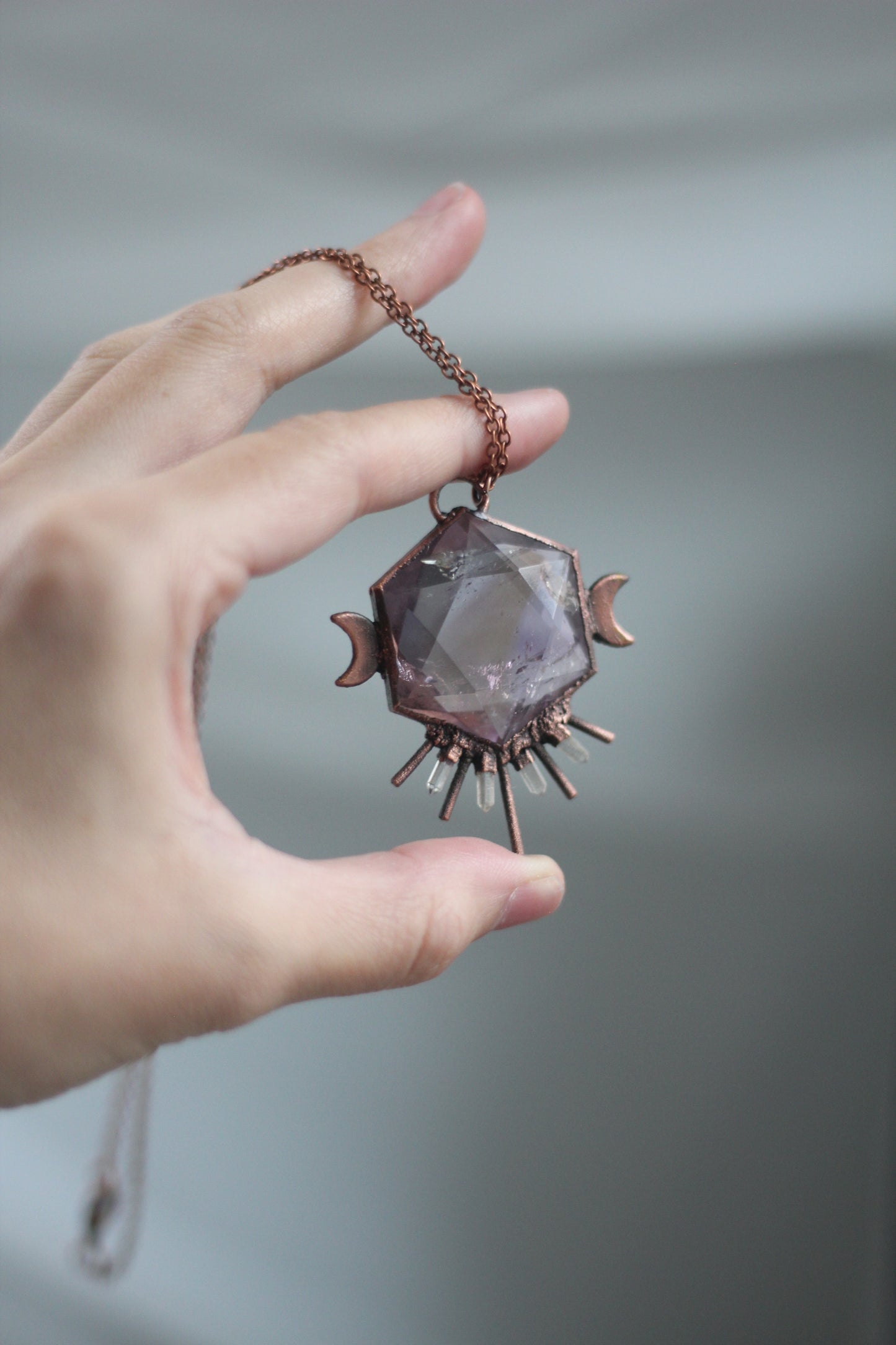 Ametrine Hexagon and Quartz Copper Pendant