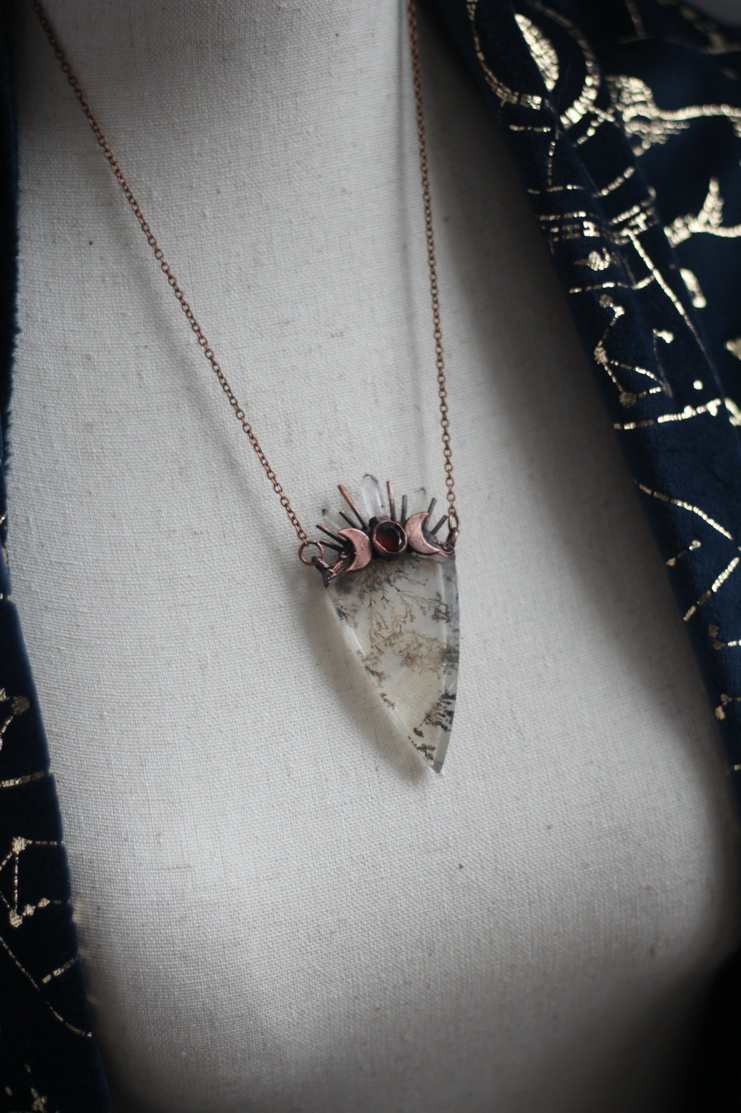 Dendritic Quartz with Garnet Copper Pendant