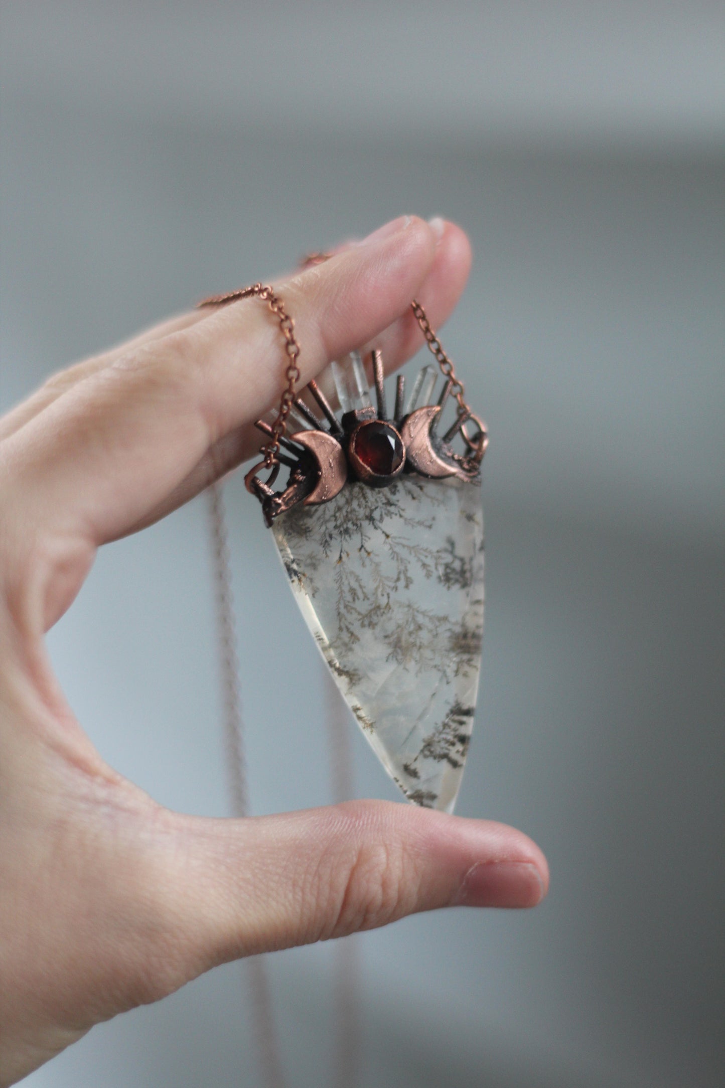 Dendritic Quartz with Garnet Copper Pendant