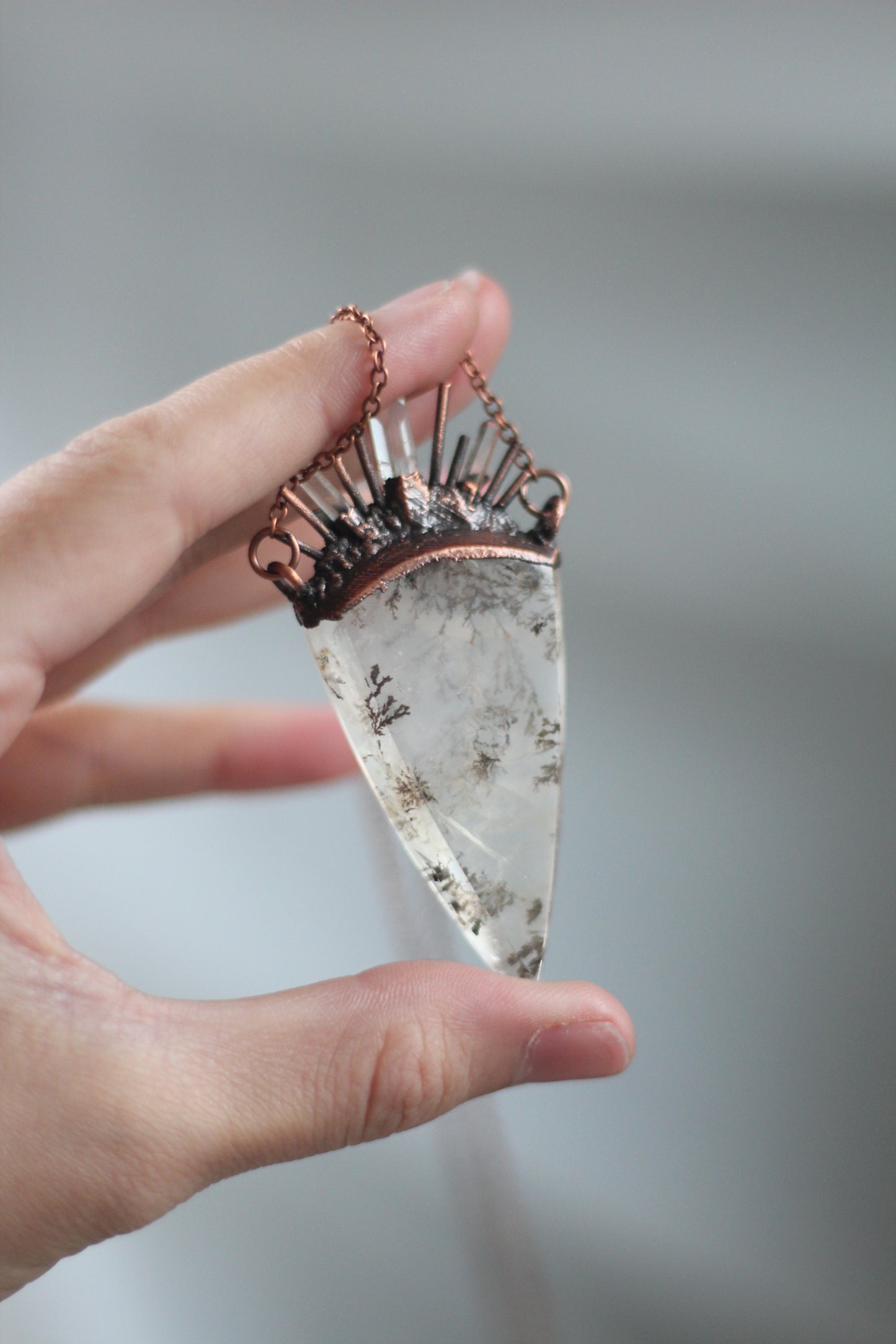 Dendritic Quartz with Garnet Copper Pendant