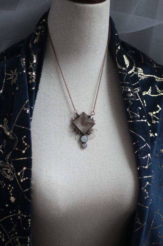 Rutilated Quartz Pyramid with Moonstone and Quartz Copper Pendant