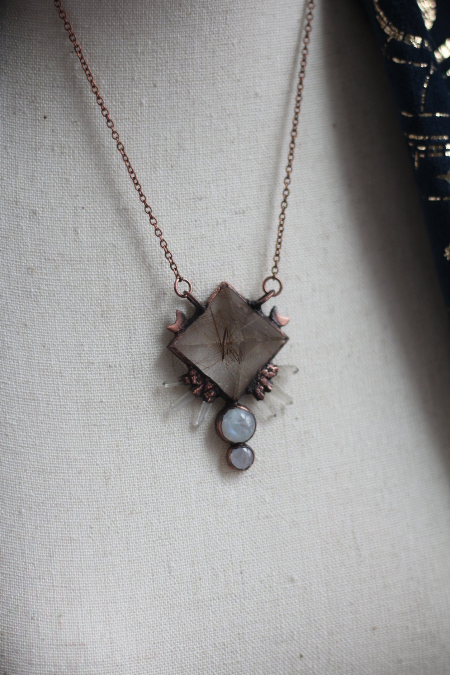 Rutilated Quartz Pyramid with Moonstone and Quartz Copper Pendant