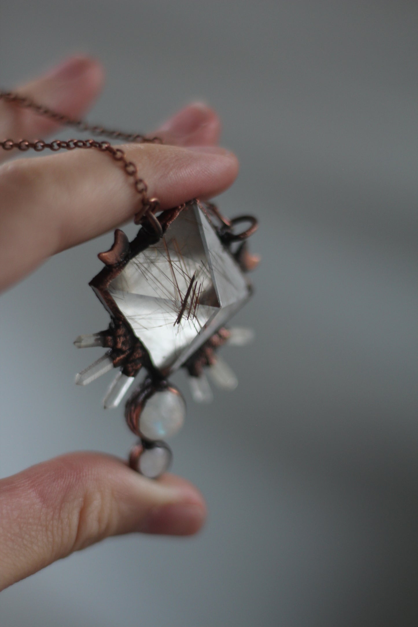 Rutilated Quartz Pyramid with Moonstone and Quartz Copper Pendant