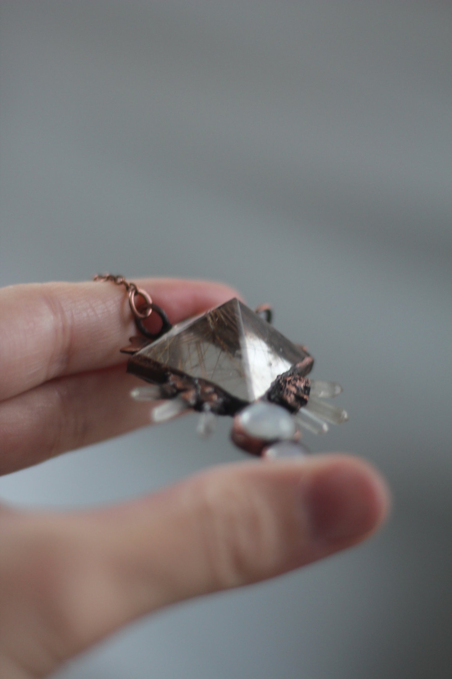 Rutilated Quartz Pyramid with Moonstone and Quartz Copper Pendant
