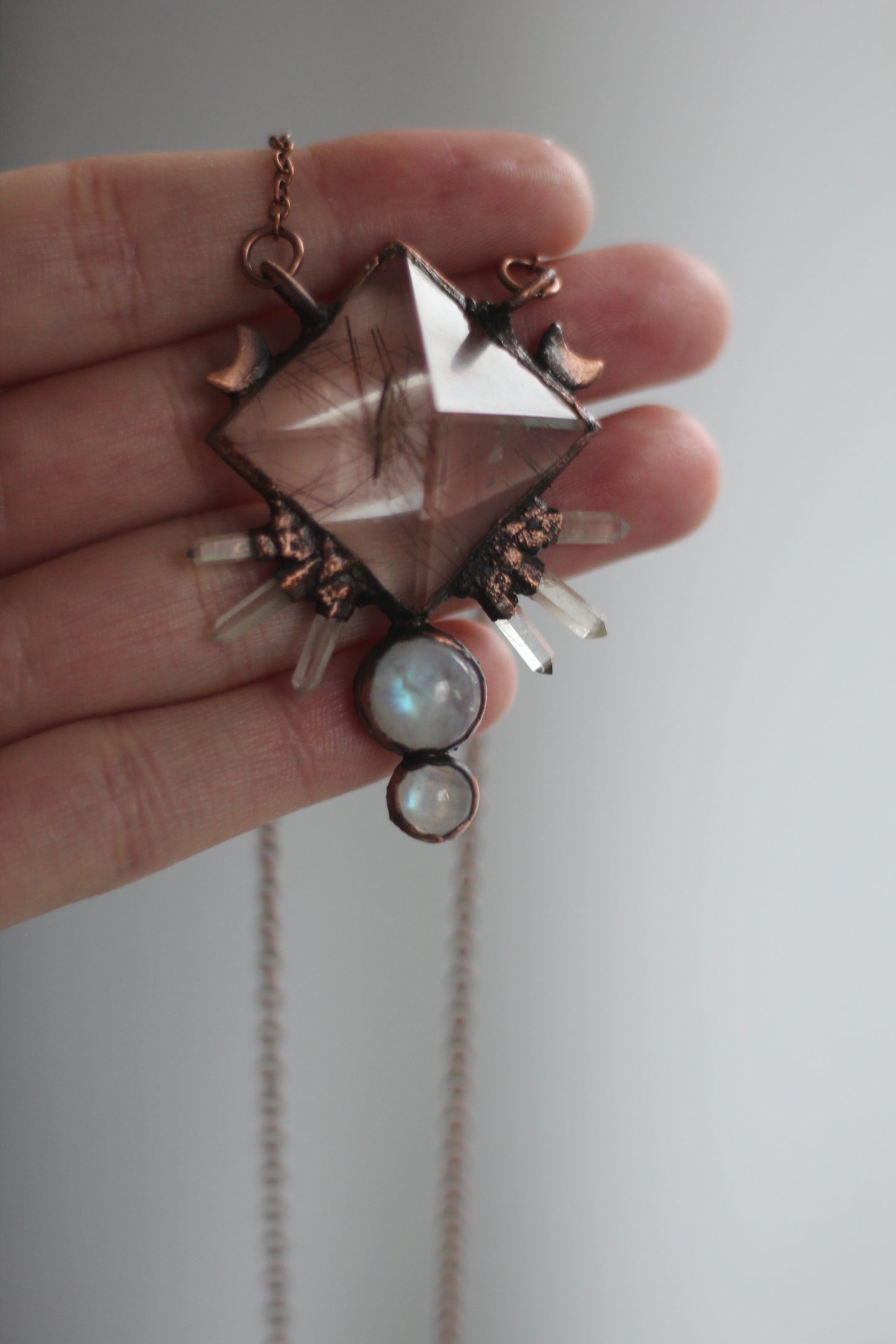 Rutilated Quartz Pyramid with Moonstone and Quartz Copper Pendant
