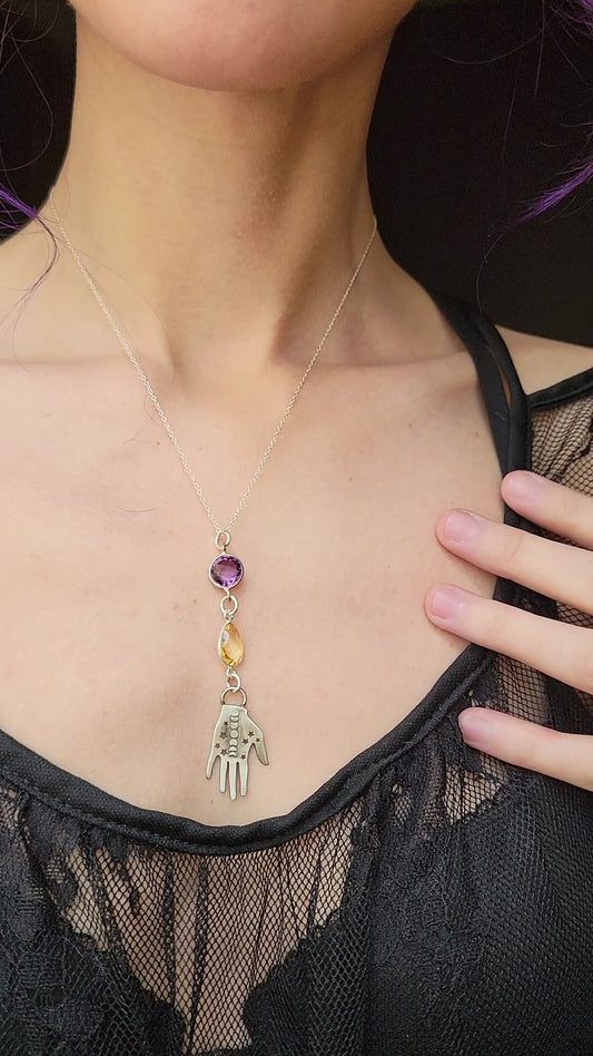 **pre-order** left handed palmistry necklace with amethyst and citrine