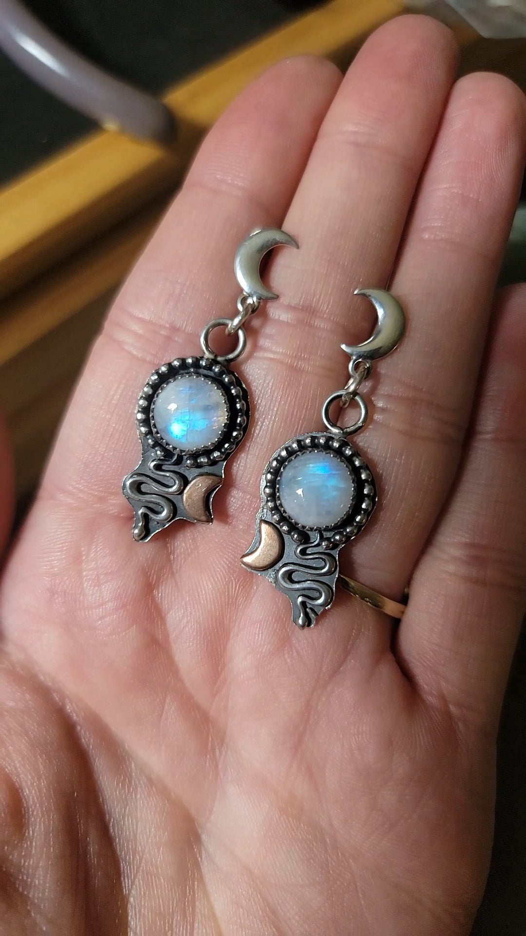 Sterling silver Crescent moon and snake moonstone earrings