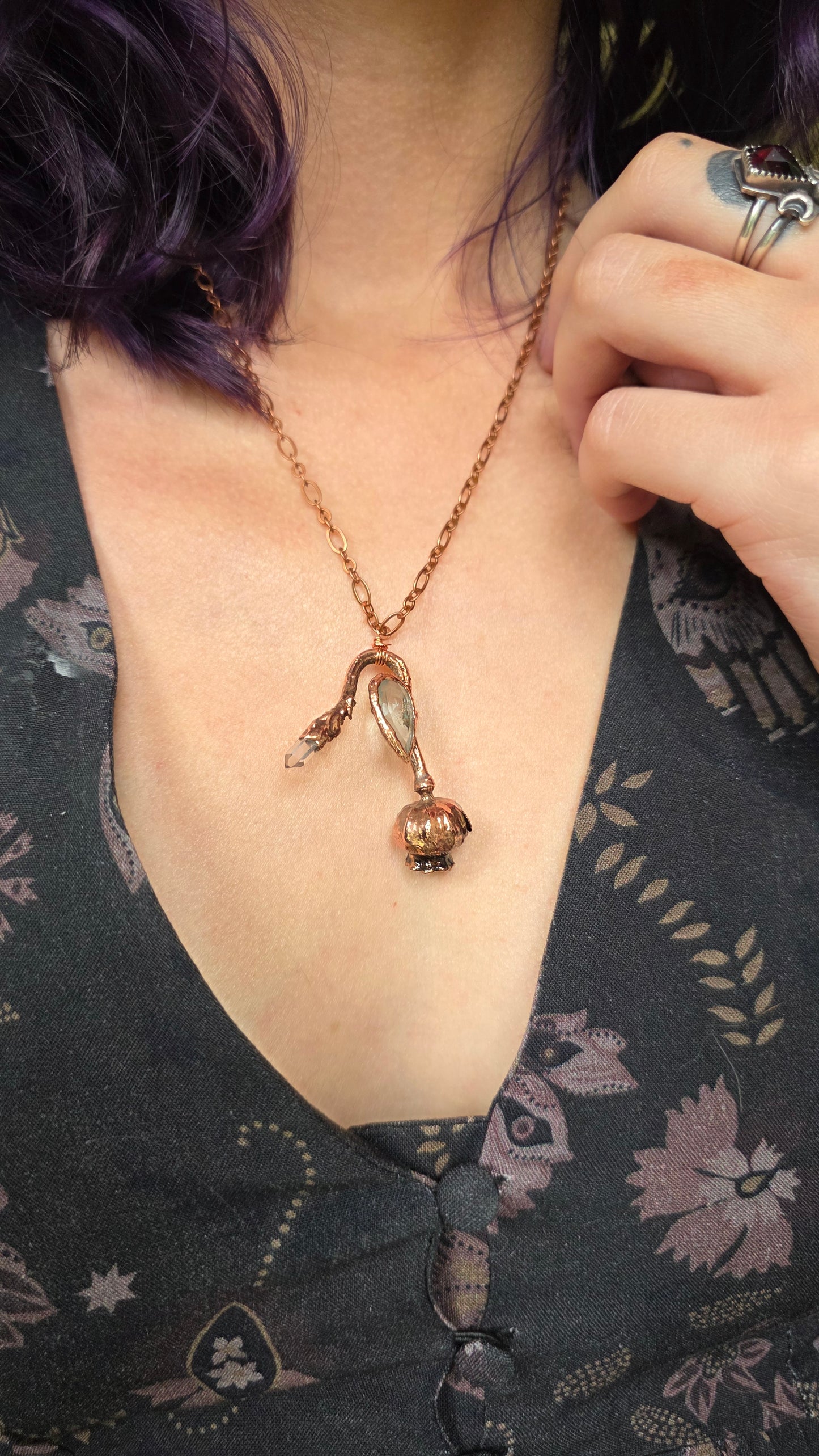Copper Encased Poppy Pod with Aquamarine and Quartz