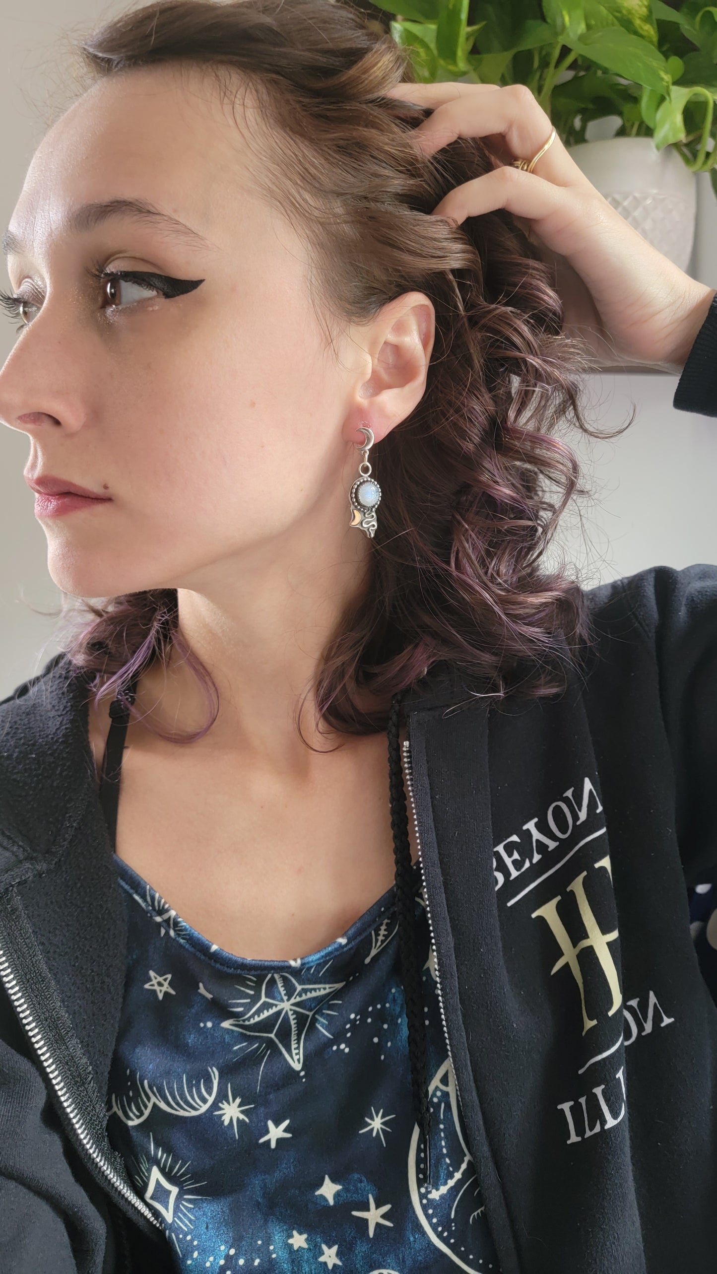 Sterling silver Crescent moon and snake moonstone earrings