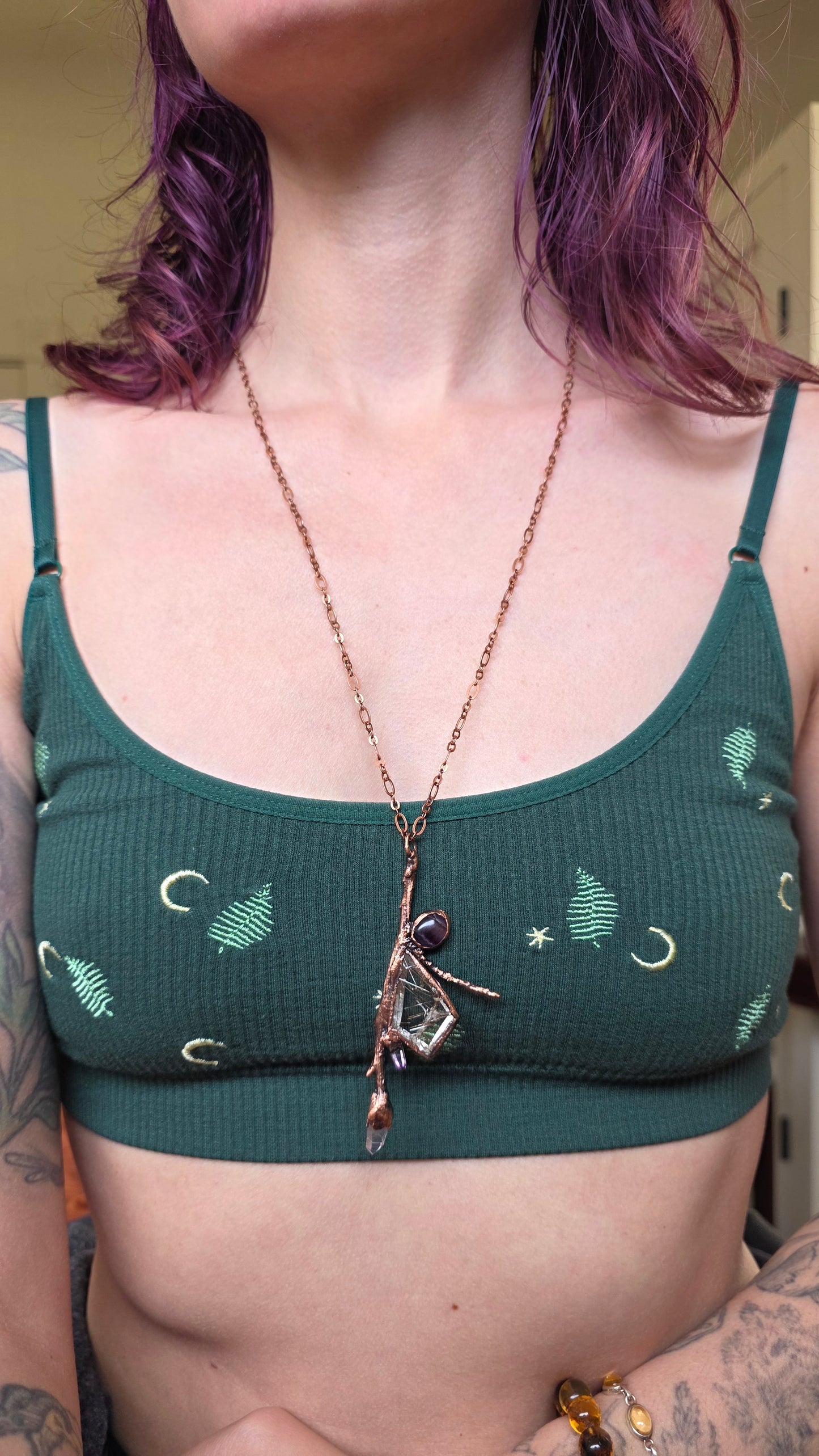 Rooted: Rutilated Quartz, Vera Cruz, and Fluorite Twig Copper Necklace