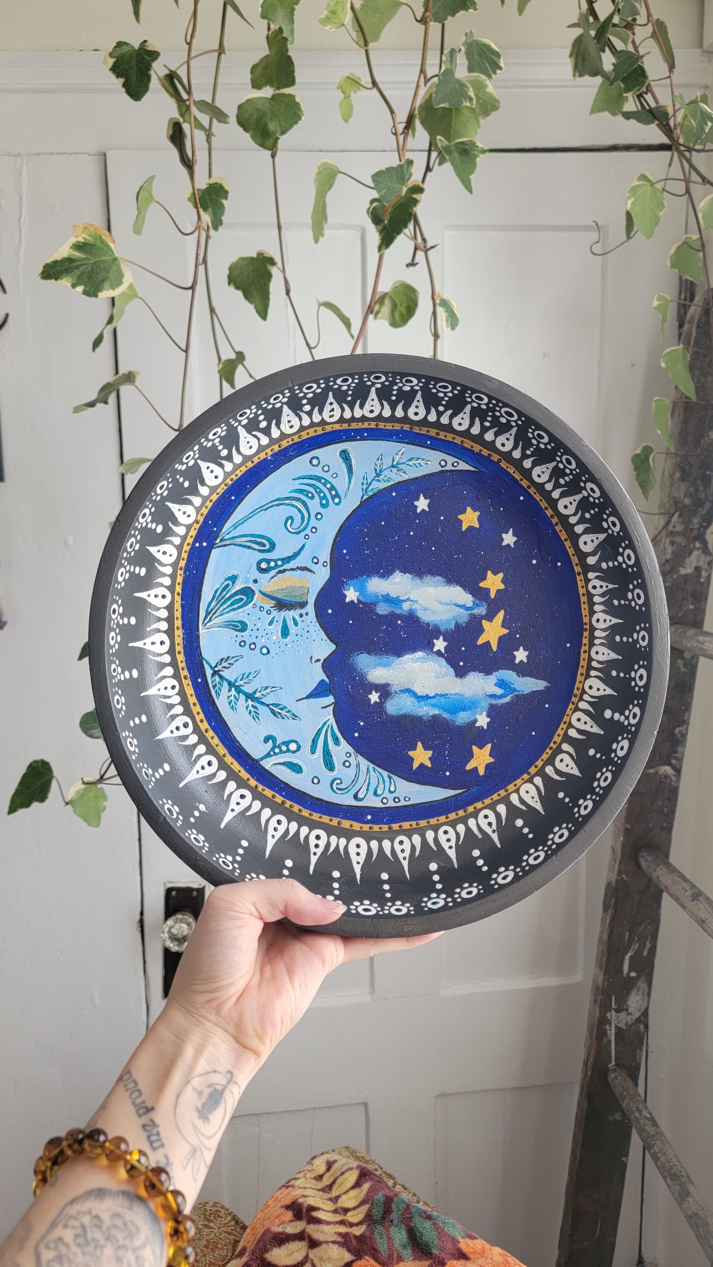 Hand painted Acrylic on Wood Moon Altar Bowl