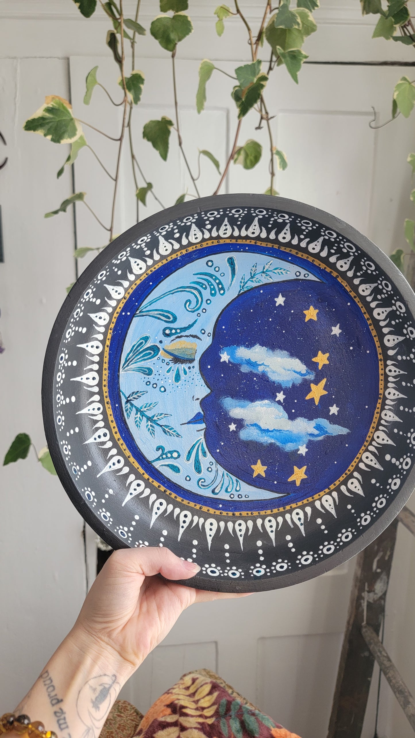 Hand painted Acrylic on Wood Moon Altar Bowl