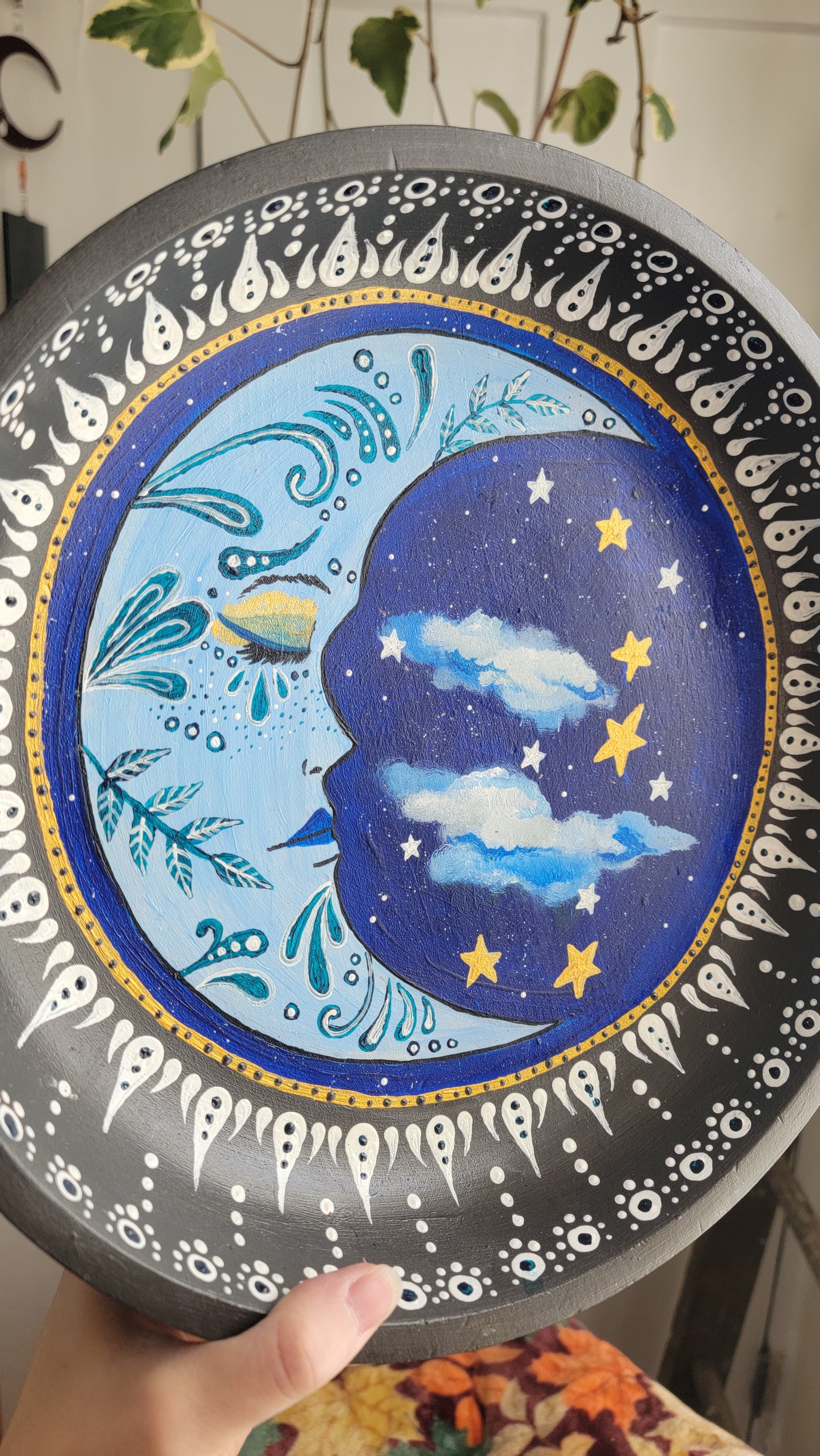 Hand painted Acrylic on Wood Moon Altar Bowl