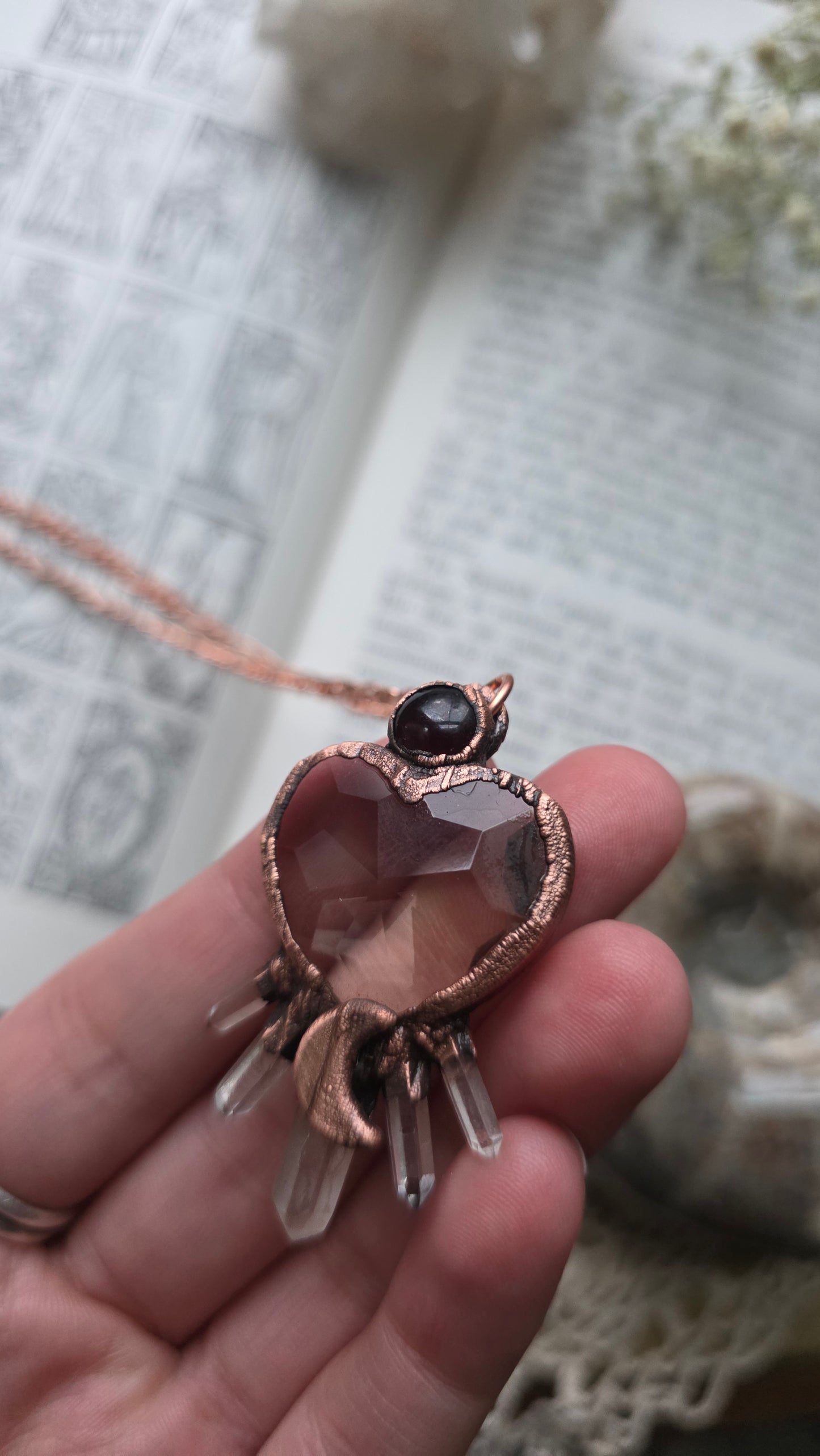 Smokey Quartz Heart and Garnet with Quartz Copper Necklace