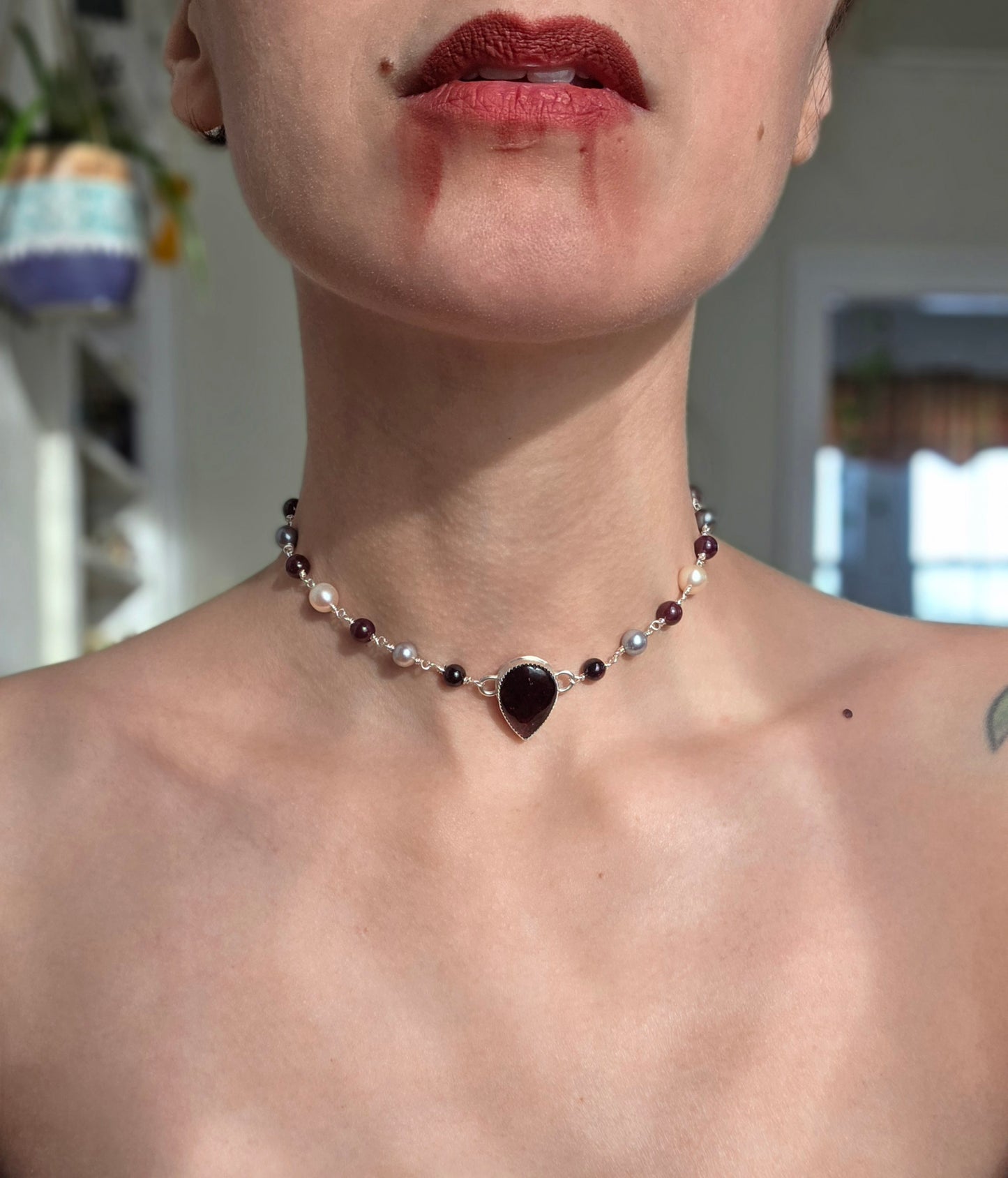 Sterling silver Garnet and Pearl Choker