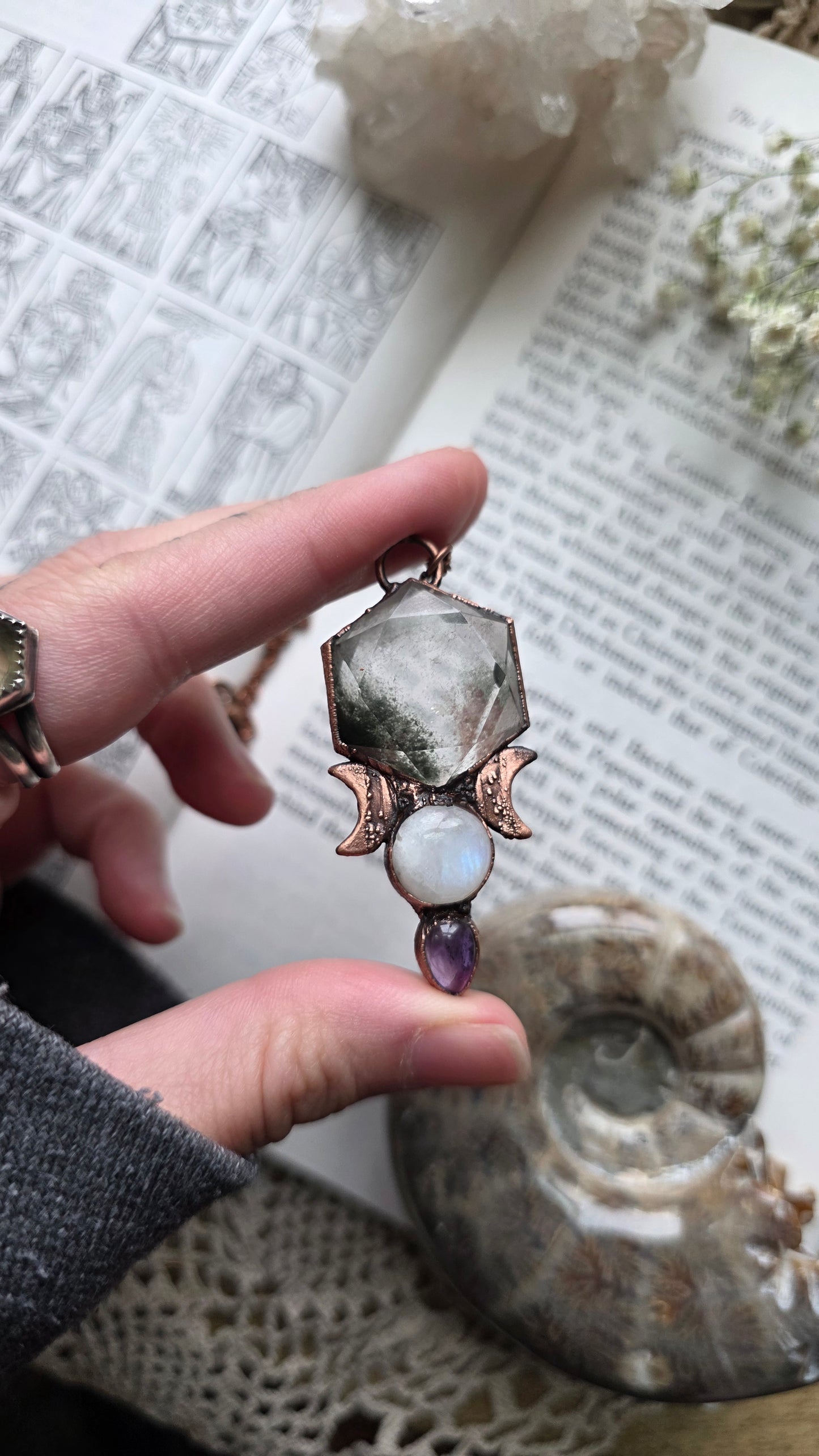 Garden quartz hexagon copper pendant with moonstone and amethyst
