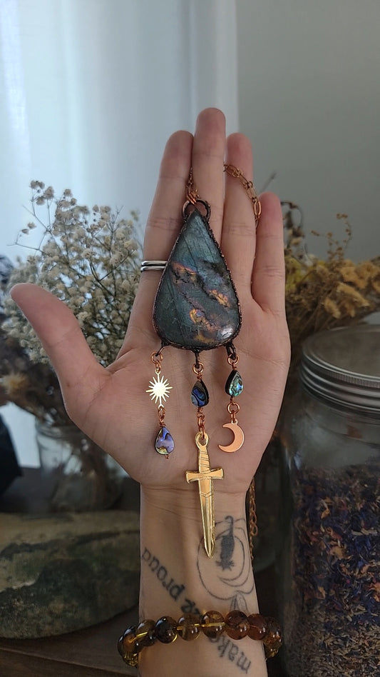 Protective Eye Engraved Labradorite with Abalone and Acrylic Sword Copper Pendant