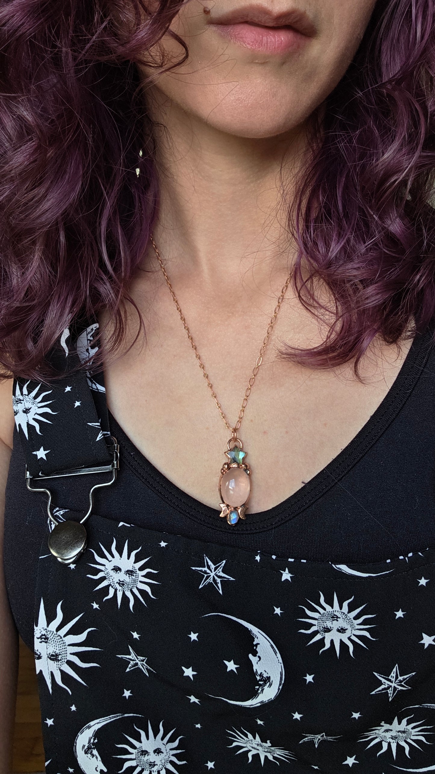 Mozambique Rose Quartz with Labradorite Star and Moonstone Copper Necklace