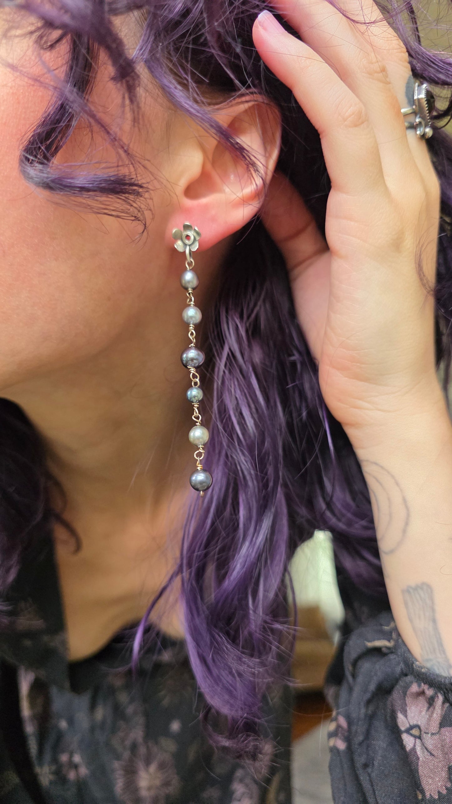 Forget-me-not Sterling Silver fabricated earrings with pearl